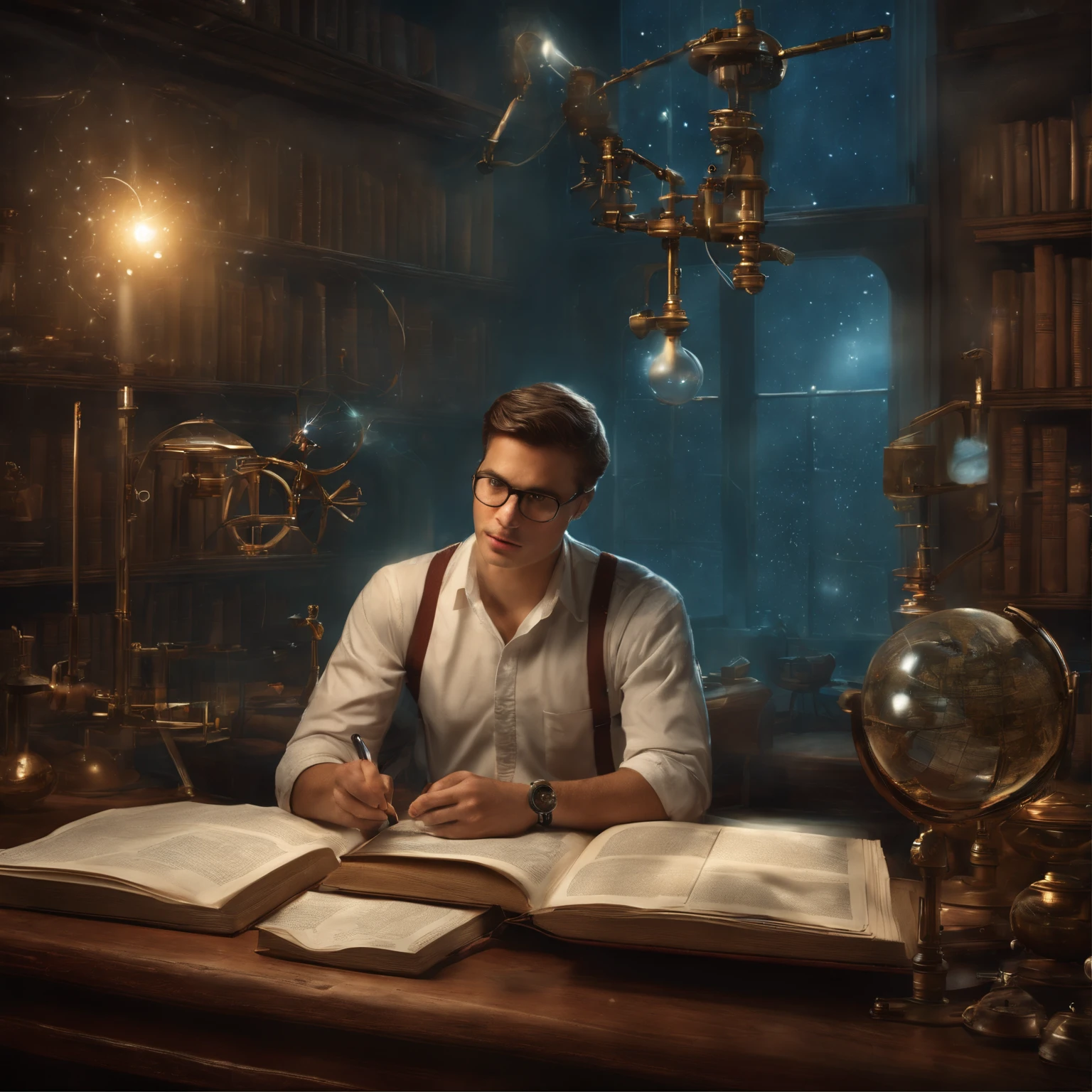 An energetic 23-year-old man, deeply immersed in the world of physics. His eyes sparkle with curiosity and determination as he dives into complex equations and theories. With a focused gaze, he delves into scientific research in his state-of-the-art laboratory, surrounded by cutting-edge equipment and meticulously organized notebooks. He is passionate about unraveling the mysteries of the universe and is determined to contribute to the advancement of science. The air is filled with an intense atmosphere of scientific inquiry and the scent of freshly brewed coffee fuels his restless mind. The room is bathed in a soft, warm light accentuating the precision of his scientific instruments. The walls are adorned with colorful posters illustrating fundamental concepts in physics, reminding him of his role in the greater scientific community. The monotonous sound of pen scratching on paper punctuates the silence, evidence of his relentless pursuit of knowledge. As his research progresses, his face lights up with excitement and joy, knowing that his work has the potential to reshape our understanding of the world. The vibrant colors of his surrounding environment reflect the intricacies and complexities of the physical world, reinforcing his awe and reverence for the laws of nature. Every detail of his face, from the graceful arch of his eyebrows to the slight smile dancing on his lips, radiates an undeniable sense of purpose and enthusiasm. The amalgamation of scientific instruments, books, and equations serves as the backdrop to his intellectual journey, providing an inspiring canvas for the exploration of fundamental truths. Together with his fellow researchers, he embarks on an extraordinary voyage towards scientific discovery, their collective efforts pushing the boundaries of our knowledge. The image quality is of the utmost importance, with every detail rendered in exquisite detail. The colors are vivid and rich, capturing the essence of the scientific pursuit. The li