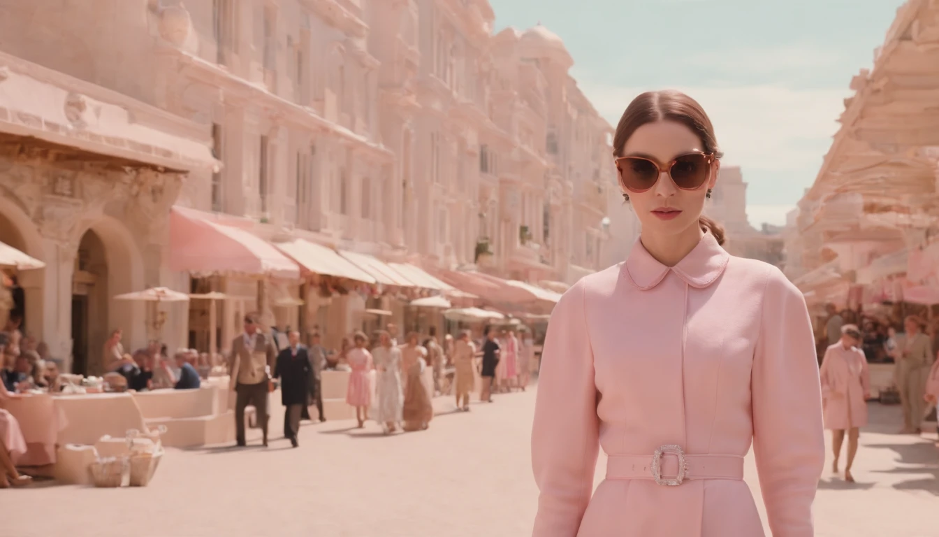 8k video clip of a 1960s science fiction film by Wes Anderson, Vogue anos 1960, pink pastel colors, old futuristuc city and old ornaments with mechanical pets in town, Luz Natural, Psicodelia, futurista estranho, fotorrealista, hiper detalhado, foco nítido, Intrinsic, Fuji filmes 55mm,