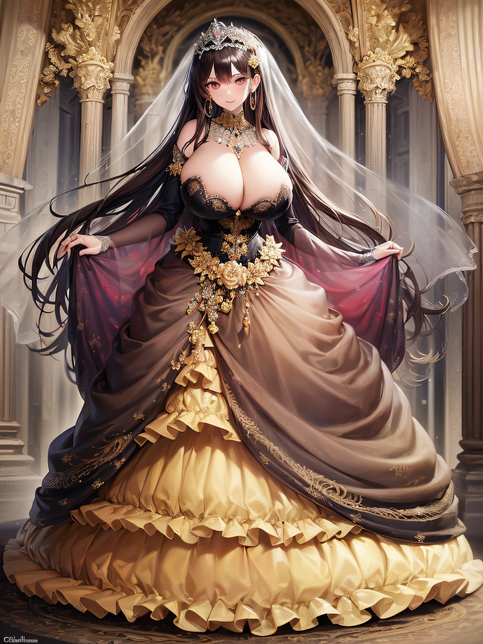 ((anime artstyle)),(Masterpiece),(Best Quality), (Super Detail),(Highly Detailed CG Unity 8k wallpaper),((Very Delicate and Beautiful)),cinematic lighting,1 girl,((full body portrait)),((standing in garden)),((solo)),(((1 fairytale princess in gorgeous embroidery and jeweled extremely gorgeous rococo princess ballgown with voluminous full length hoop skirt))),an hourglass waist,padded and corseted bodice,(((huge crinoline hoopskirt))),long train,((gorgeous embroidery and jeweled)),voluminous frills,See-through,(((extremely gigantic tits,skindentation))),cleavage,((absurdly Long Straight Hair,extremely voluminous Straight long Hair,absurdly Long Straight Hair)),(finely detailed face and eyes),(Blush,Smile),clear pupil,extremely gorgeousfull hair ornament,(bling-bling jeweled extremely gorgeousfull tiara),((bling-bling gorgeous gemstone jewelry)),gorgeous long veil,((ultra long gloves)),(beautiful background),(full body),((gorgeous embroidery and jeweled extremely gorgeous rococo princess ballgown with voluminous full length hoop skirt))