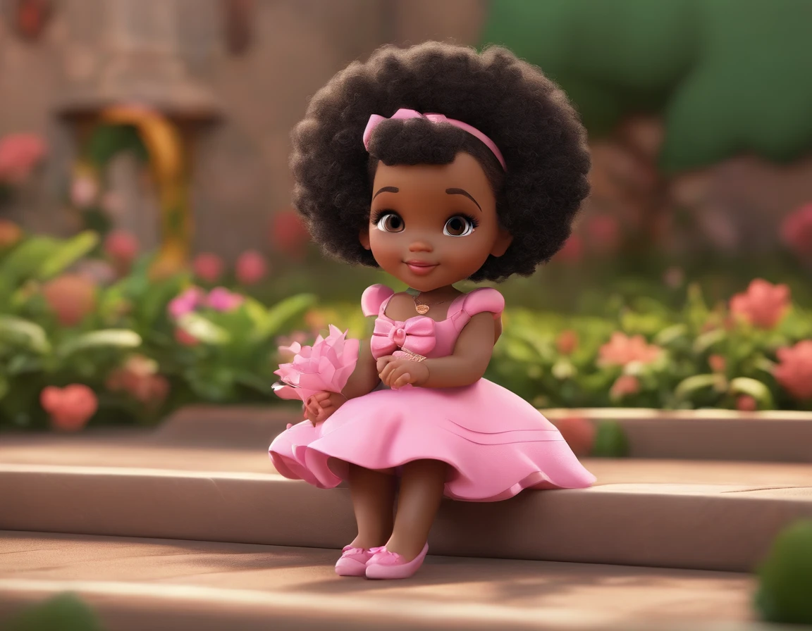 Design 3D, afro, pele negra, corpo inteiro, estilo chibi, Pixar, pequeno, sorridente, vestido rosa, adolable, Black curly hair with bow tie, infantil, corpo pequeno, Cores femininas, No oriental features
