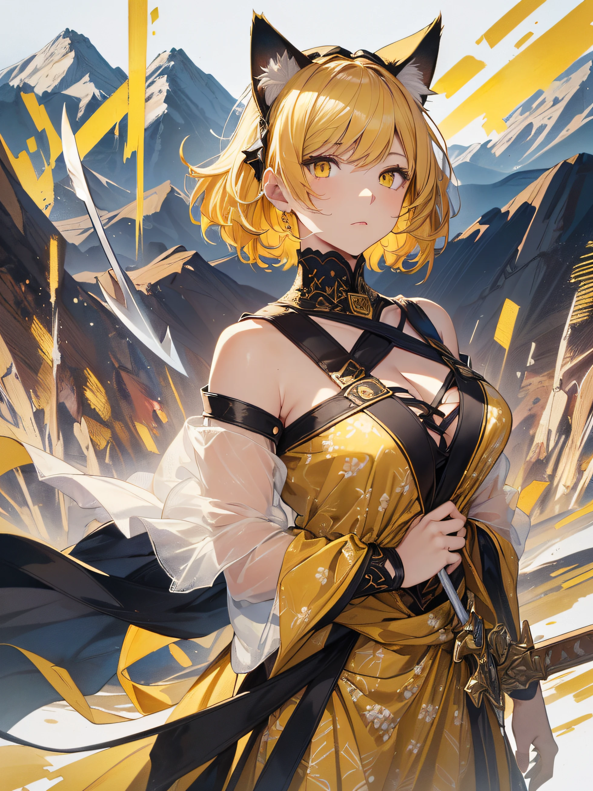 Beautiful detailed girl, Clear and beautiful, Character as the main point of view, radiant skin, girls, femele, young, 20yo, bobbed hair, Short Cut, short-hair, Beautiful detail glass hair, ((Wielding a big sword, Combat Posture)) ((Greek costumes, 2 costume colors, White background, Yellow pattern)) ((Clothes color white background, Yellow pattern)) ((Doubles color, white, yellow)) ((Use only two colors of clothing, white, yellow)) Beautiful details, cold face, cold expression, beautiful-detailed eyes, Orange eyes, Moderate chest, Orange Eyes, Full-fledged skin texture, Very good 8KCG wallpapers, very fine 8K CG wallpaper, watercolor (medium), female warrior, Dark yellow hair, (((Full-body cut))), (((Cat's ears dark yellow))), Long knives, Big knife, Traditional sword, Wielding, Attacking Posture, Levitation, (((s whole body))), Show your whole body, (((dark, Dark Night, Deep Night))) (((Natural Background, mountains, wood))), ((plein air))