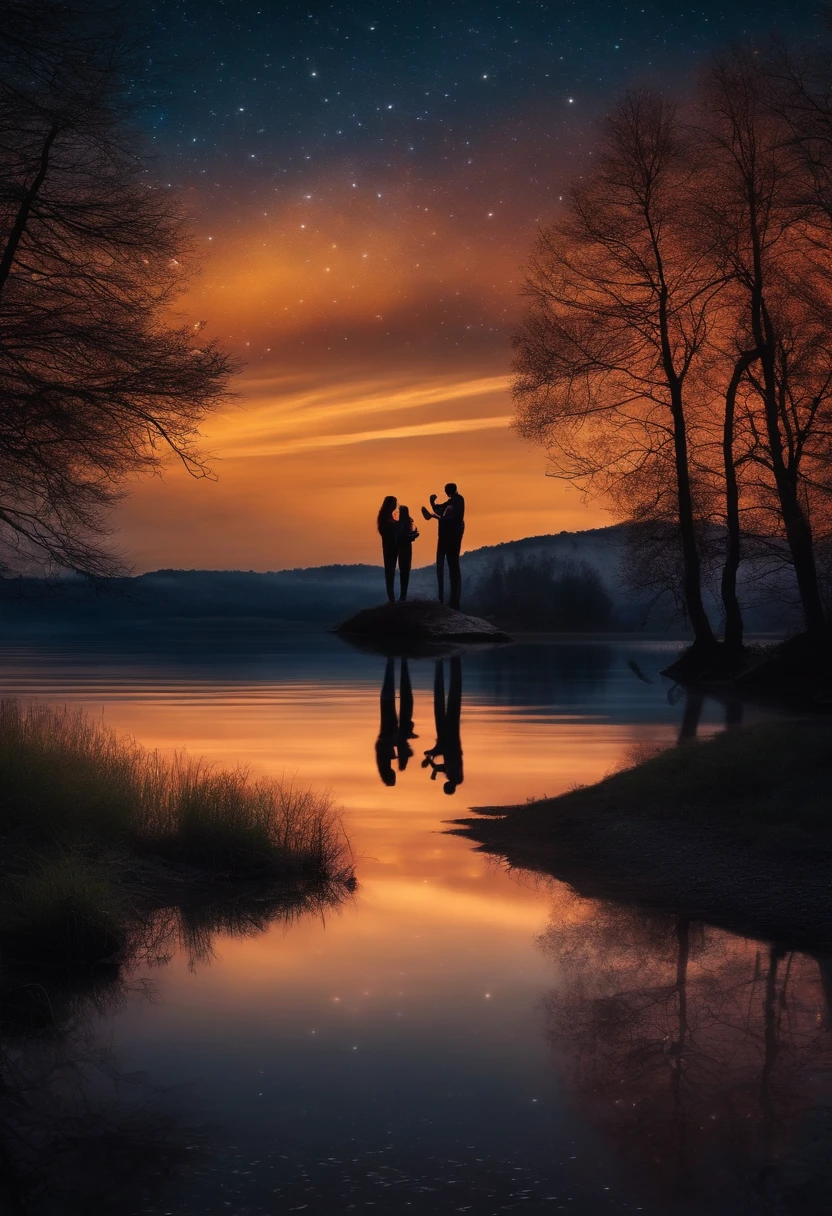 I want a starry night image with a montage in the background and a lake with the reflection with two people on dry land on either side of the lake