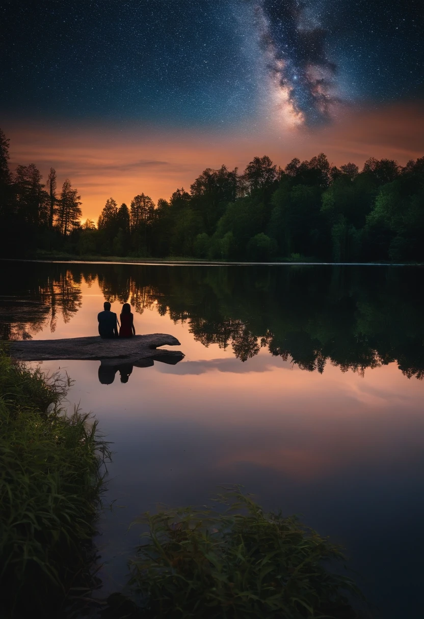 I want a starry night image with a montage in the background and a lake with the reflection with two people on dry land on either side of the lake