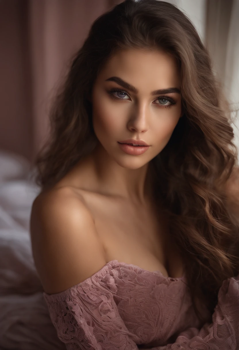 Arafed woman completely , fille sexy aux yeux bruns, ultra realist, Meticulously detailed, Portrait Sophie Mudd, cheveux bruns et grands yeux, selfie of a young woman, Dubai Eyes, Violet Myers, sans maquillage, maquillage naturel, looking straight at camera, Visage avec Artgram, Maquillage subtil, Great photo of the whole body kneeling on the bed, dans la chambre, Medium to large bust