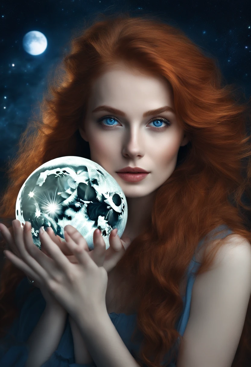 White redhead girl blue eyes on the street starry sky with moon