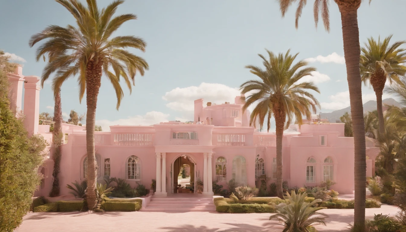 8k video clip of a 1960s science fiction film by Wes Anderson, Vogue anos 1960, pink pastel colors, old futuristuc city, palm trees, mansion, doll house style and old ornaments with mechanical pets in town, Luz Natural, Psicodelia, futurista estranho, fotorrealista, hiper detalhado, foco nítido, Intrinsic, Fuji filmes 55mm,