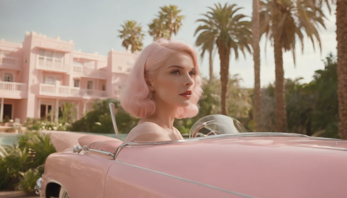 8k video clip of a 1960s science fiction film by Wes Anderson, Vogue anos 1960, pink pastel colors, old futuristuc city, palm trees, mansion, doll house style and old ornaments with mechanical pets in town, Luz Natural, Psicodelia, futurista estranho, fotorrealista, hiper detalhado, foco nítido, Intrinsic, Fuji filmes 55mm,