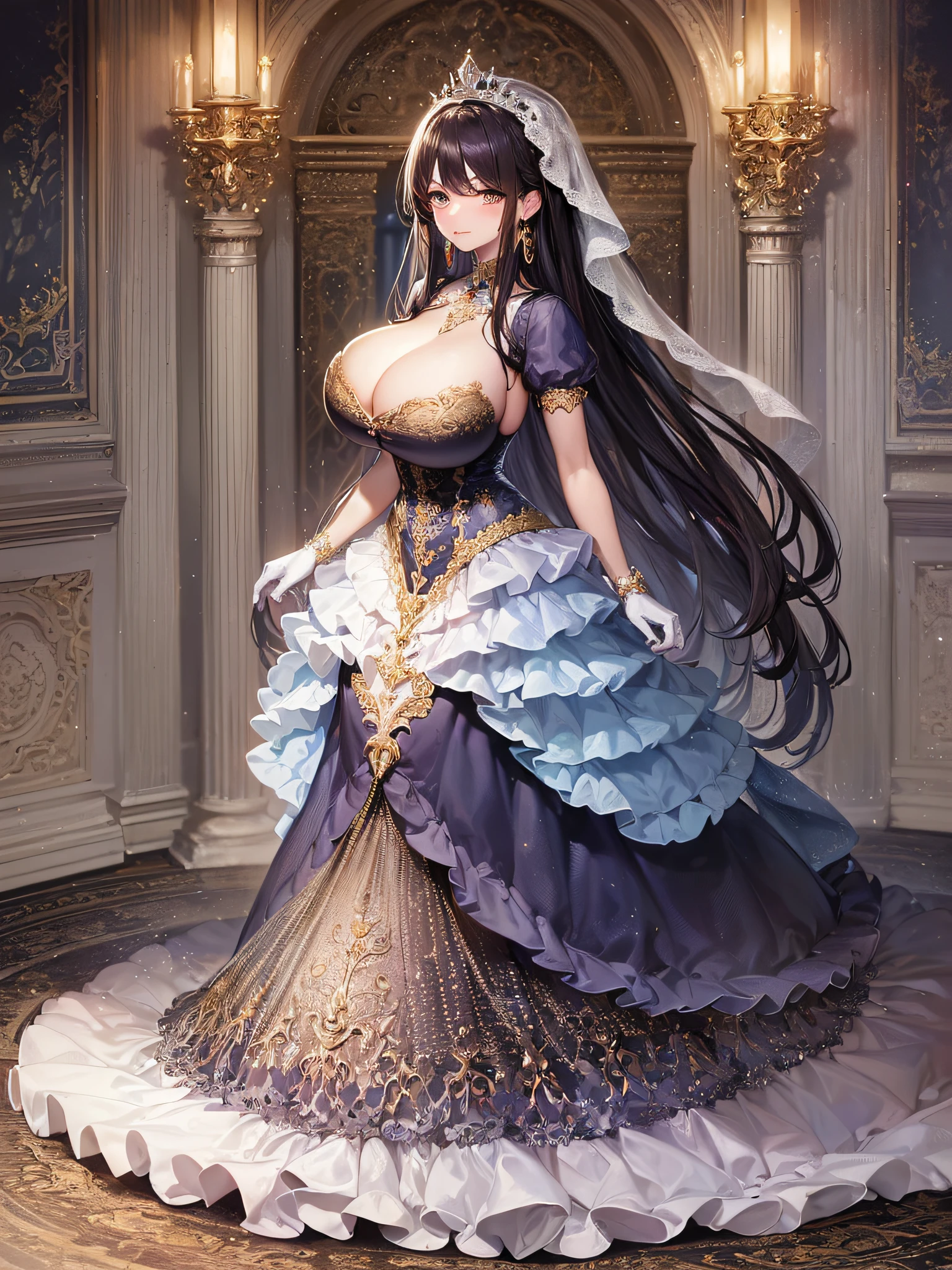 ((anime artstyle)),(Masterpiece),(Best Quality), (Super Detail),(Highly Detailed CG Unity 8k wallpaper),((Very Delicate and Beautiful)),cinematic lighting,1 girl,((full body portrait)),((standing in garden)),((solo)),(((1 fairytale princess in gorgeous embroidery and jeweled extremely gorgeous rococo princess ballgown with voluminous full length hoop skirt))),an hourglass waist,padded and corseted bodice,(((huge crinoline hoopskirt))),long train,((gorgeous embroidery and jeweled)),voluminous frills,See-through,(((extremely gigantic tits,skindentation))),cleavage,((absurdly Long Straight Hair,extremely voluminous Straight long Hair,absurdly Long Straight Hair)),(finely detailed face and eyes),(Blush,Smile),clear pupil,extremely gorgeousfull hair ornament,(bling-bling jeweled extremely gorgeousfull tiara),((bling-bling gorgeous gemstone jewelry)),gorgeous long veil,((ultra long gloves)),(beautiful background),(full body),((gorgeous embroidery and jeweled extremely gorgeous rococo princess ballgown with voluminous full length hoop skirt))
