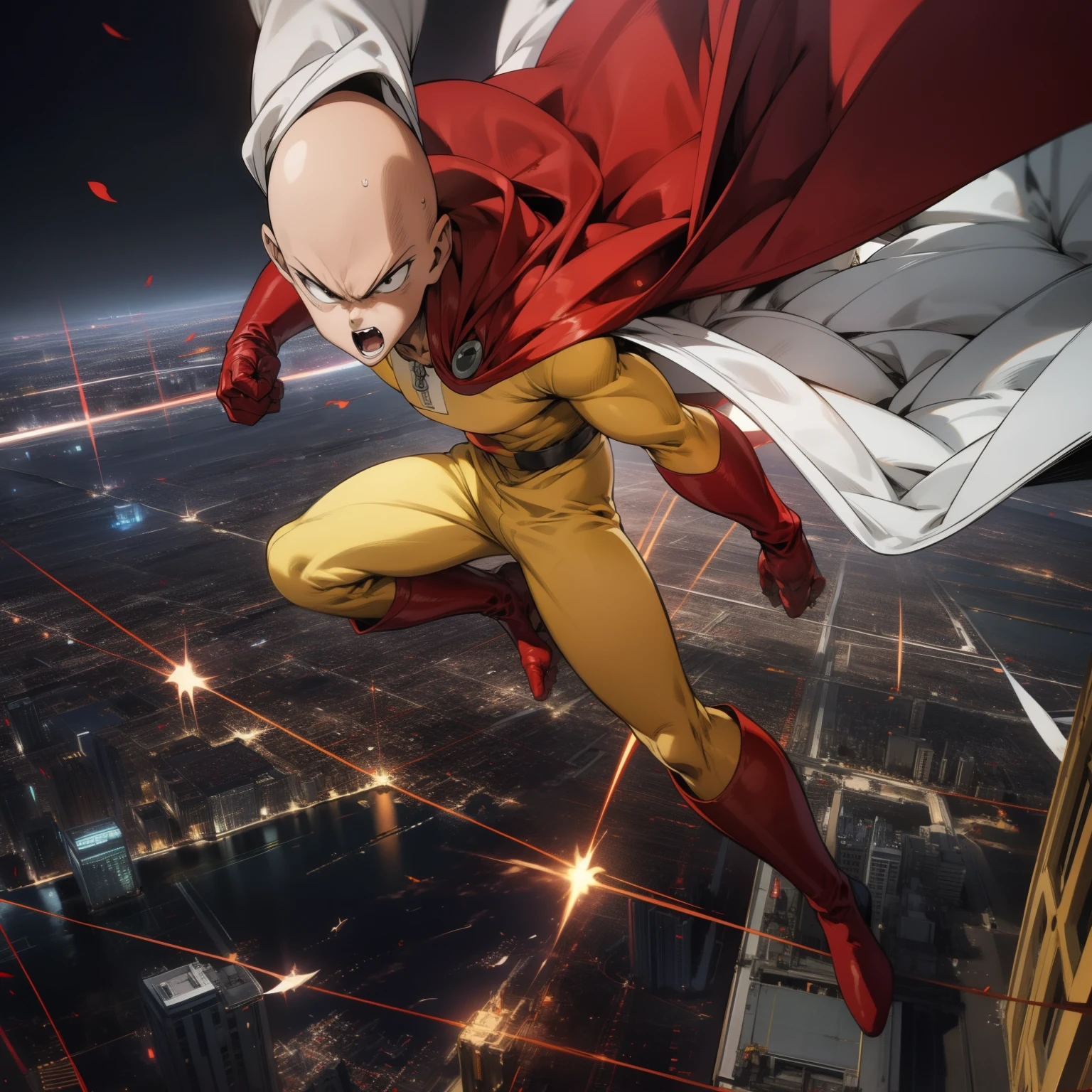 masterpiece, best quality, 1boy, (saitama), bald head, black eyes, red gloves, red full boots, Yellow clothes, white cape, flying , angry face, aura power, night, natural light, flying, angry eyes, male focus, strong muscles, movie composition, flying, bokeh, (futuristic), (full body), city view, flying above the city, scary look, godly strength, close mouth,