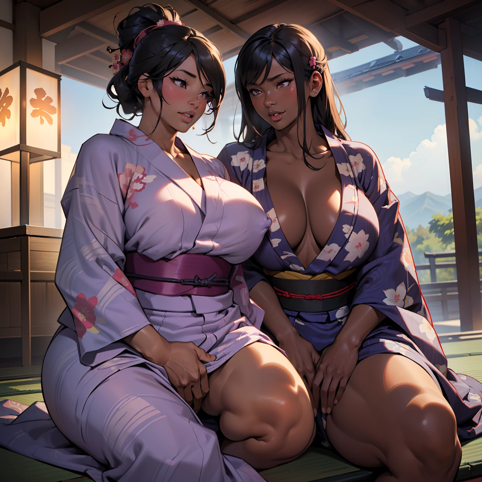 there is 2woman that is69 on tatami,(((A MILF: 1.4))), (Curvy:1.35),(((Dark skin))),Curvy physique,, Thick body,((big nipple)),((Completely naked)), (((pinching crotch in yukata))),((opened yukata)),((pubic hair)), sakimichan, model in Japan,((Sexual suggestiveness)),