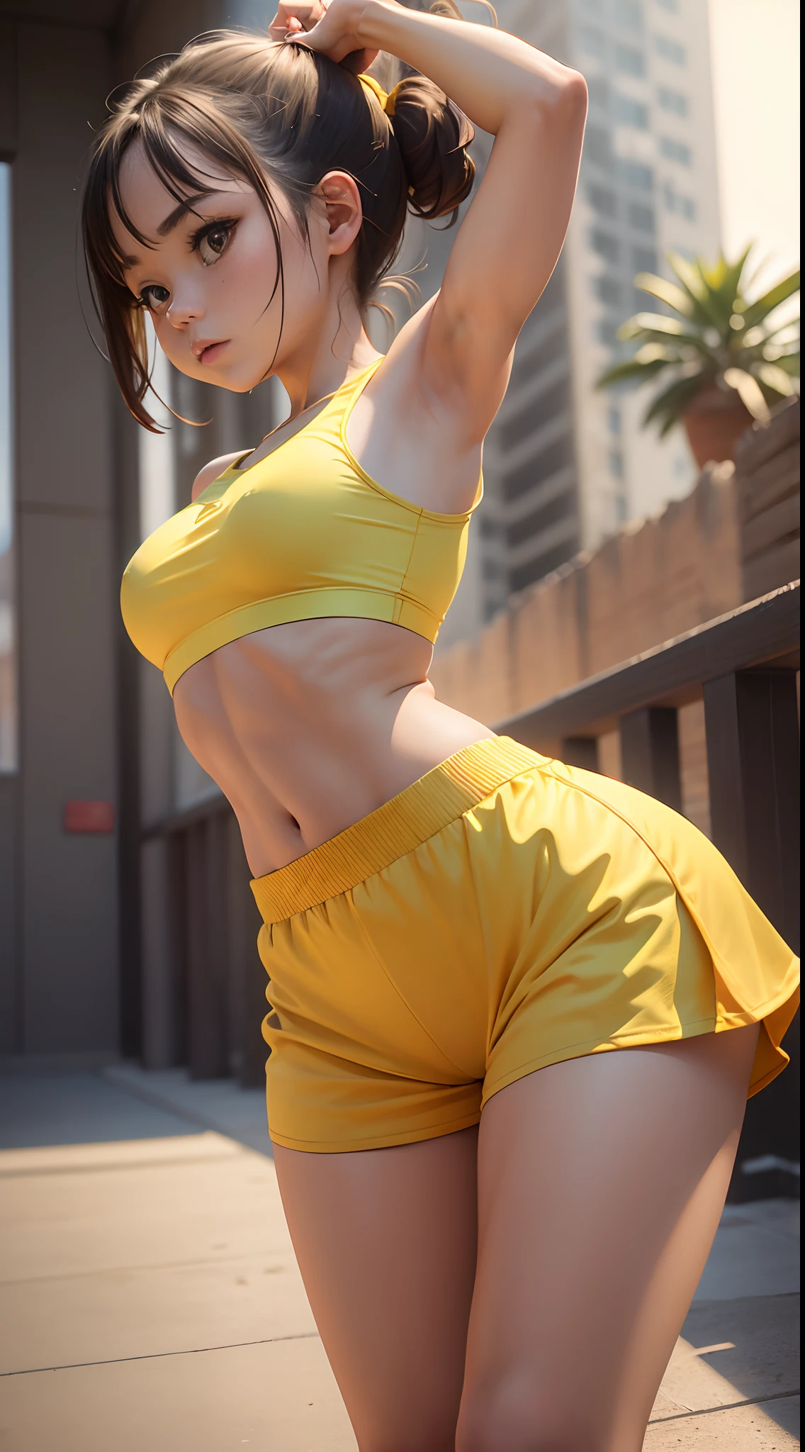 (8k, masterpiece), 1girl, (small top, small shorts, yellow, runner sports dress), right view, bending over, wide hips, butt up, hands down on ground, lifting hips up into the air, postion of running before, small running sports dress, on the ground, sports girl, small top tshirt, tight small short,