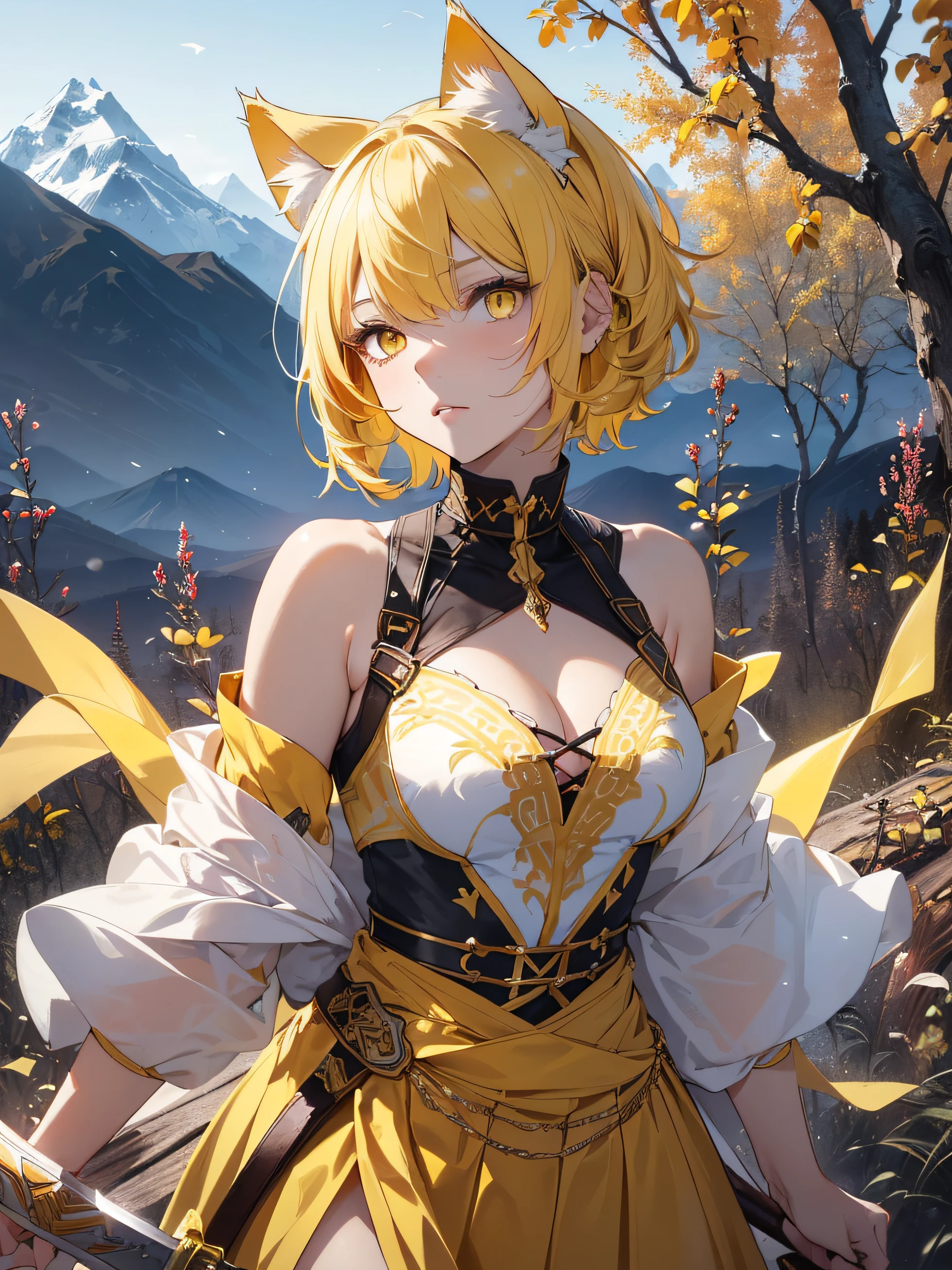 Beautiful detailed girl, Clear and beautiful, Character as the main point of view, radiant skin, girls, femele, young, 20yo, bobbed hair, Short Cut, short-hair, Beautiful detail glass hair, ((Wielding a big sword, Combat Posture)) ((Greek costumes, 2 costume colors, White background, Yellow pattern)) ((Clothes color white background, Yellow pattern)) ((Doubles color, white, yellow)) ((Use only two colors of clothing, white, yellow)) Beautiful details, cold face, cold expression, beautiful-detailed eyes, Orange eyes, Moderate chest, Orange Eyes, Full-fledged skin texture, Very good 8KCG wallpapers, very fine 8K CG wallpaper, watercolor (medium), female warrior, Dark yellow hair, (((Full-body cut))), (((Cat's ears dark yellow))), Long knives, Big knife, Traditional sword, Wielding, Attacking Posture, Levitation, (((s whole body))), Show your whole body, (((dark, Dark Night, Deep Night))) (((Natural Background, mountains, wood))), ((plein air))