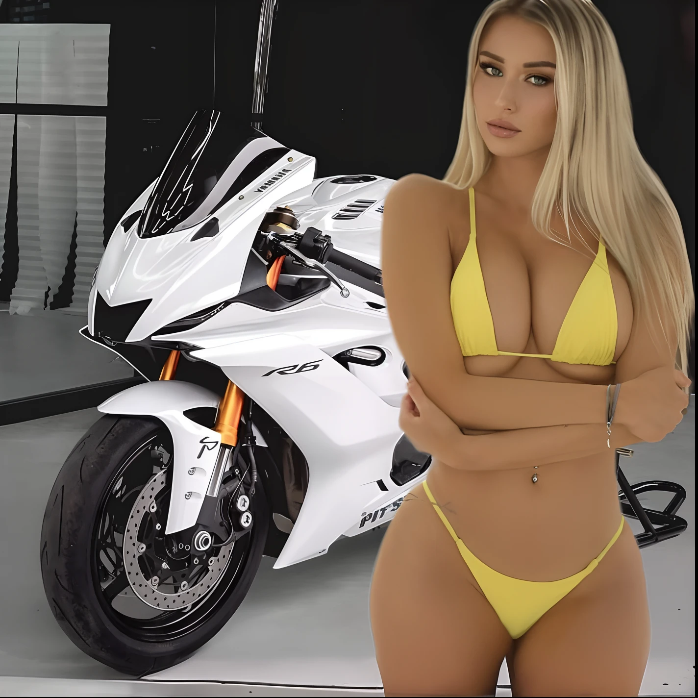 araffe woman in a yellow bikini standing next to a white motorcycle, motorcycle, blonde goddess, motorcycles, ultra high quality model, gorgeous bikini model, a gorgeous blonde, motorbike, bikini model, white bikini, sexy girl, metal bikini, motorbiker, beautiful blonde girl, futuristic suzuki, white silver bikini, sexy hot body, sitting on a motorcycle