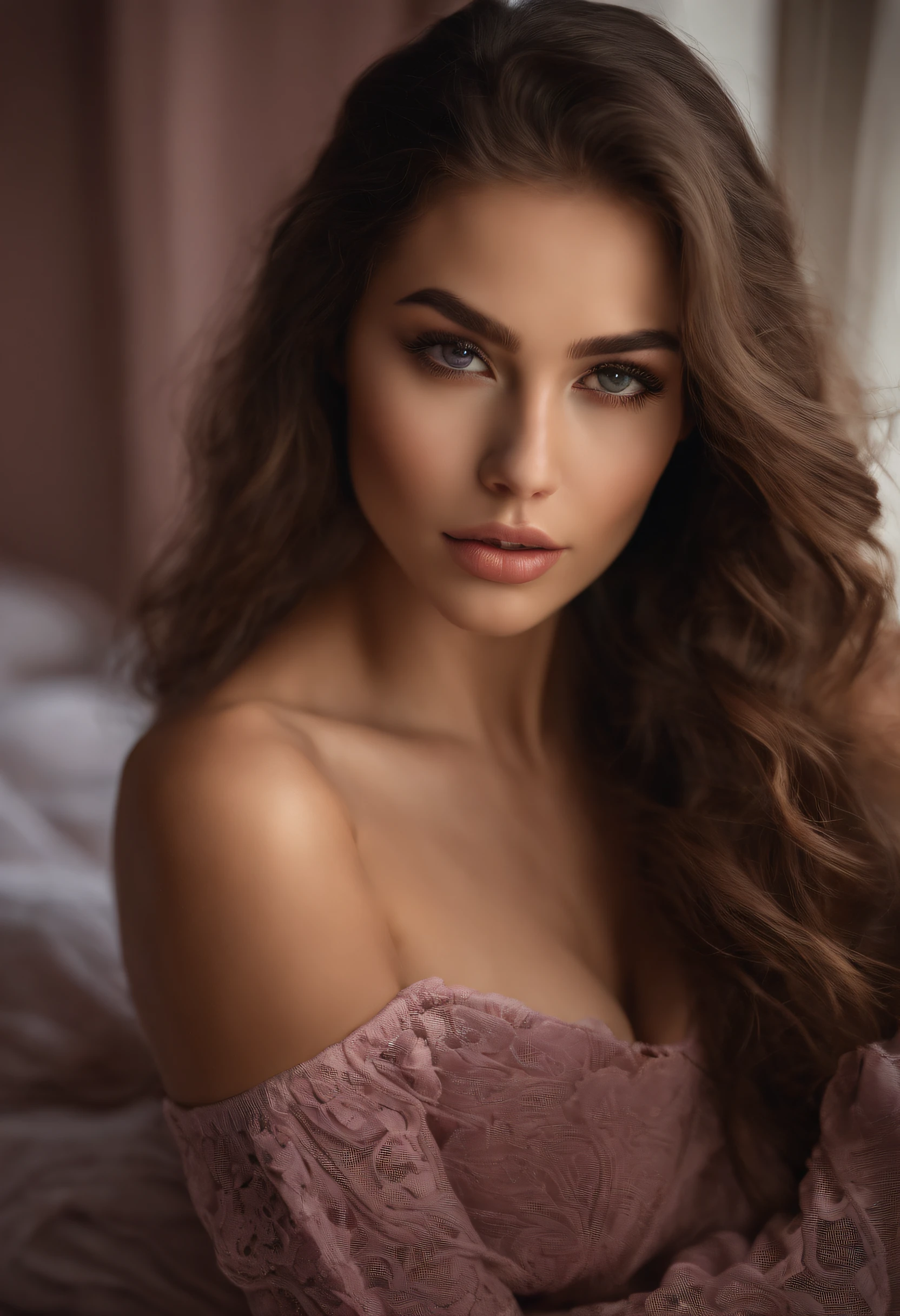 Arafed woman completely , fille sexy aux yeux bruns, ultra realist, Meticulously detailed, Portrait Sophie Mudd, cheveux bruns et grands yeux, selfie of a young woman, Dubai Eyes, Violet Myers, sans maquillage, maquillage naturel, looking straight at camera, Visage avec Artgram, Maquillage subtil, Great photo of the whole body kneeling on the bed, dans la chambre, Medium to large bust