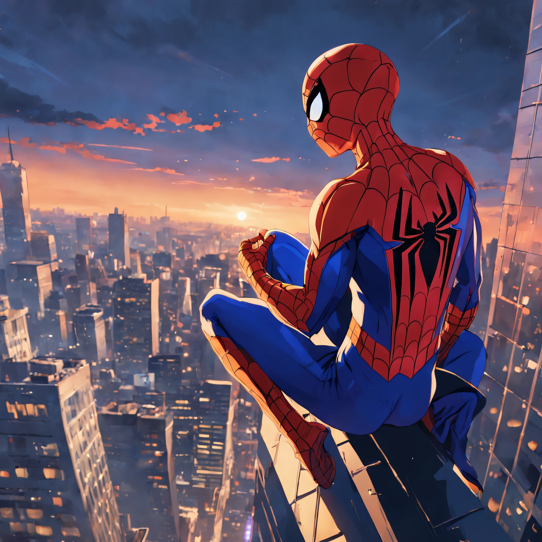 A spider man on top of a skyscraper, cena de filme 8k, ::n_ desenho, Imperfection, baixa qualidade, boneco, jogo, anime, texto, assinatura