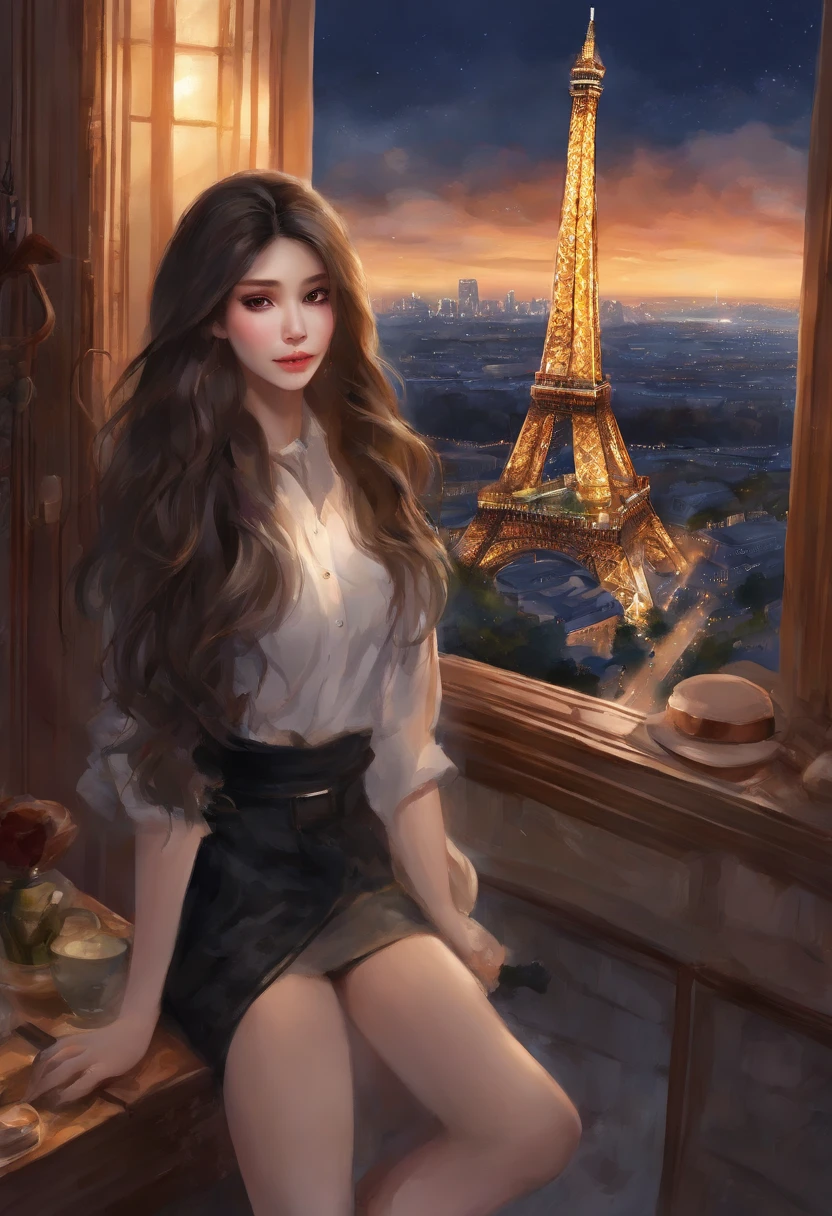 (8K、top-quality、​masterpiece:1.2)、 (realisitic、Photorealsitic:1.37)、 ultra-detailliert、DJSODA、 1 girl in、full bodyesbian、young girl in a black shirt, short skirt、Standing in front of the Eiffel Tower in the background、Eiffel Tower on the left of picture, cute little、long black hair, Beautiful detailed sky、night, dark, moon, tiny chest、 beatiful detailed eyes、 (length hair:1.2)、 Floating Hair Novafrog Style、