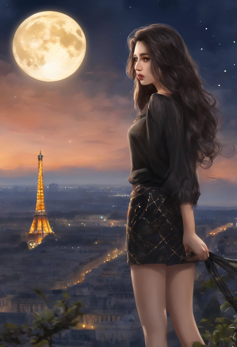(8K、top-quality、masterpiece:1.2)、 (realisitic、Photorealsitic:1.37)、 ultra-detailliert、DJSODA、 1 girl in、full bodyesbian、young girl in a black shirt, short skirt、Standing in front of the Eiffel Tower in the background、Eiffel Tower on the left of picture, cute little、long black hair, Beautiful detailed sky、night, dark, moon, tiny chest、 beatiful detailed eyes、 (length hair:1.2)、 Floating Hair Novafrog Style、