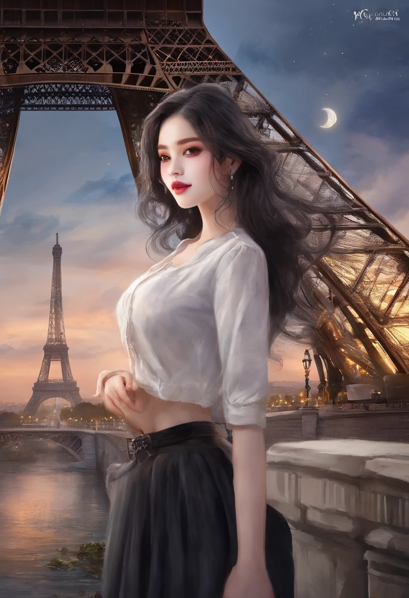 (8K、top-quality、​masterpiece:1.2)、 (realisitic、Photorealsitic:1.37)、 ultra-detailliert、DJSODA、 1 girl in、full bodyesbian、young girl in a black shirt, short skirt、Standing in front of the Eiffel Tower in the background、Eiffel Tower on the left of picture, cute little、long black hair, Beautiful detailed sky、night, dark, moon, tiny chest、 beatiful detailed eyes、 (length hair:1.2)、 Floating Hair Novafrog Style、