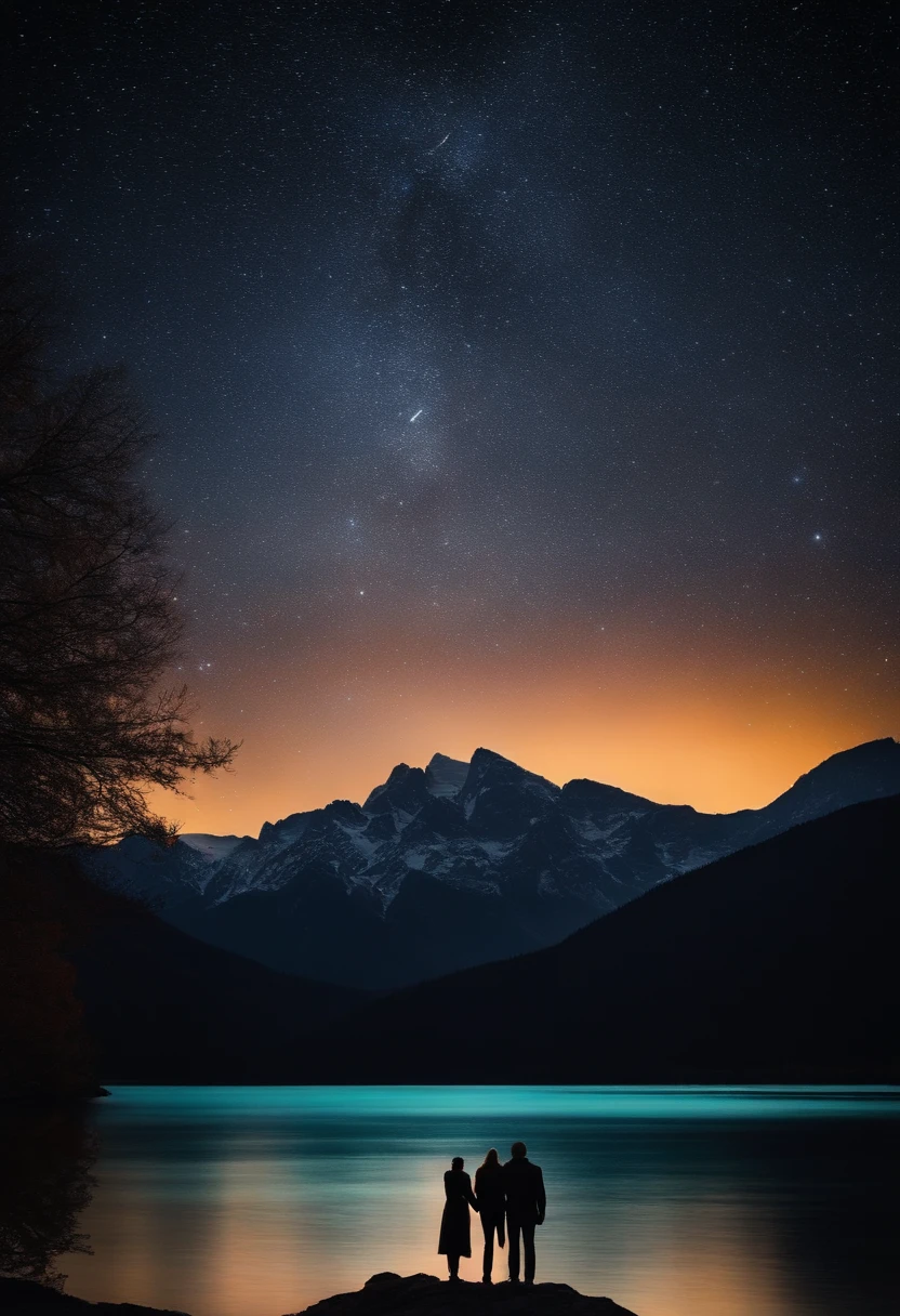 I want a dark starry night image with a montage in the background and a lake with two people standing in black looking at the mountain