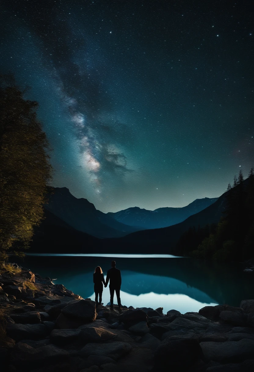 I want a dark starry night image with a montage in the background and a lake with two people standing in black looking at the mountain