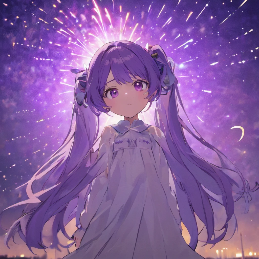 masterpiece、top-quality、Movie stills、1人、Stars in the sky、More than 20 colored stars、Multicolored stars、a closeup、with light glowing、Happiness、Warm and soft lighting、the setting sun、(Spark:0.7)Eyes are purple,purple color hair、Hair color is purple,Long hair,Bun Ponytail,masutepiece, Best Quality, pixiv,blacklight,bluntbangs,portraitures, ornament detached, height 170cm,Purple eyes,Deities々Shishihitomi, Super long hair, doress、doodle, murky, natta, SHINES、 from the rear,Back hug position,cowboy shot,purple color hair,Miraculous body lines,,Hands are not visible with too long sleeves,hands not visible、 BREAK (masutepiece:1.2), The moment the fireworks are launched、Best Quality, High resolution, Hands in pockets、long legged、Menace dress、Unity 8k壁纸,Many stars all over the sky,Starry sky shining in the night sky、Meteor swarm,Stare at me in a slouched position,Dance moments、Lots of shooting stars、Shooting stars in the sky、extremely details CG, (Perfect hands, Perfect Anatomy)