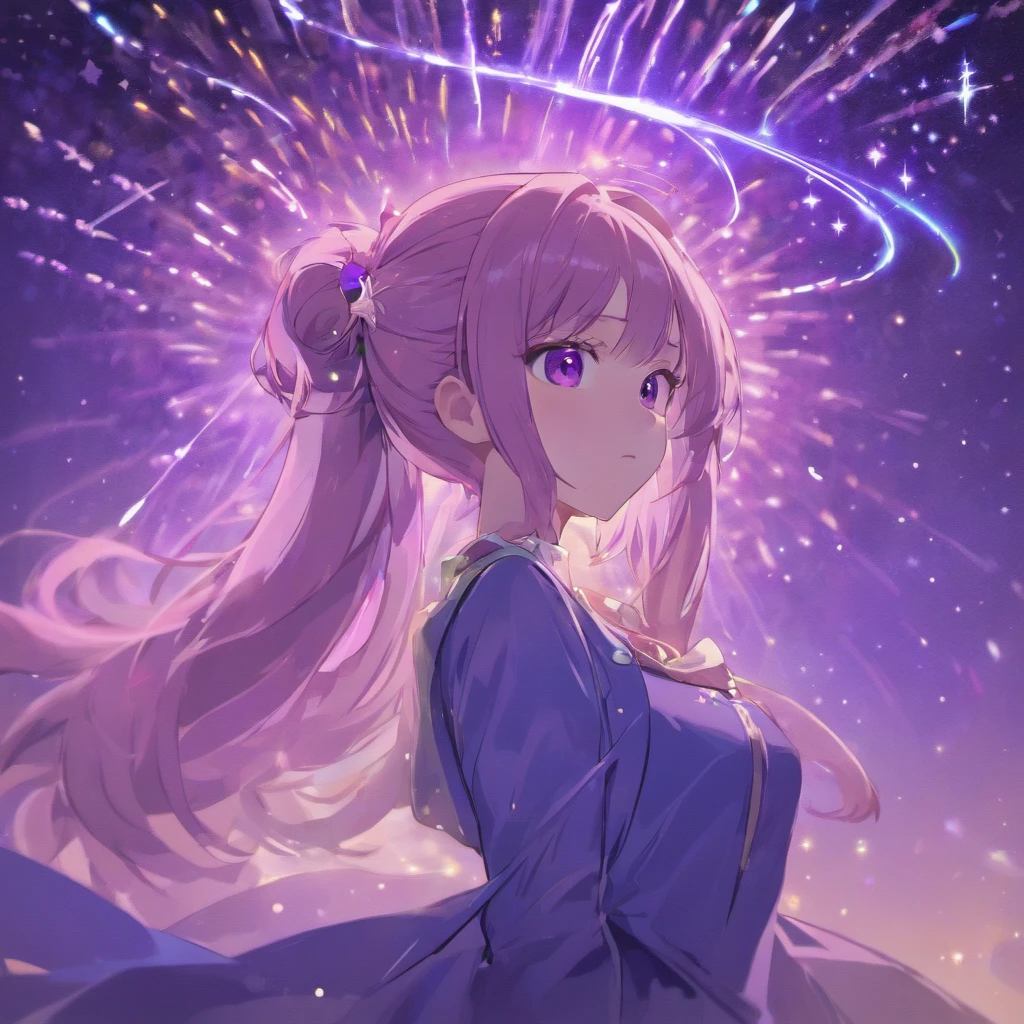 masterpiece、top-quality、Movie stills、女の子1人、Stars in the sky、More than 20 colored stars、Multicolored stars、a closeup、with light glowing、Happiness、Warm and soft lighting、the setting sun、(Spark:0.7)Eyes are purple,purple color hair、Hair color is purple,Long hair,Bun Ponytail,masutepiece, Best Quality, pixiv,blacklight,bluntbangs,portraitures, ornament detached, height 170cm,Purple eyes,Deities々Shishihitomi, Super long hair, doress、doodle, murky, natta, SHINES、 from the rear,Back hug position,cowboy shot,purple color hair,Miraculous body lines,,Hands are not visible with too long sleeves,hands not visible、 BREAK (masutepiece:1.2), The moment the fireworks are launched、Best Quality, High resolution, Hands in pockets、long legged、Menace dress、Unity 8k壁纸,Many stars all over the sky,Starry sky shining in the night sky、Meteor swarm,Stare at me in a slouched position,Dance moments、Lots of shooting stars、Shooting stars in the sky、extremely details CG, (Perfect hands, Perfect Anatomy)