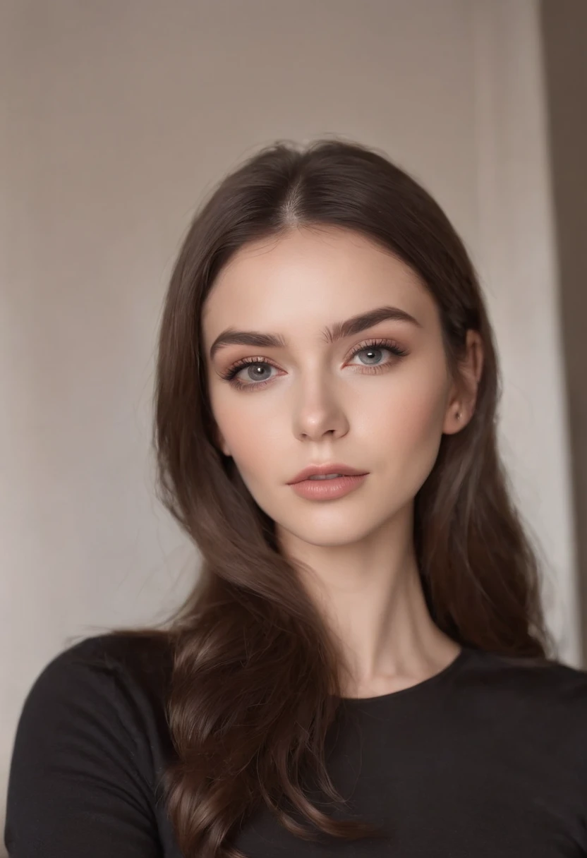 Arafed woman with black clothes, fille sexy aux yeux bruns, Portrait Sophie Mudd, cheveux bruns et grands yeux, selfie of a young woman, Yeux de chambre, Violet Myers, sans maquillage, maquillage naturel, looking straight at camera, Visage avec Artgram, Maquillage subtil, Superbe photo du corps entier, dans la chambre, clivage