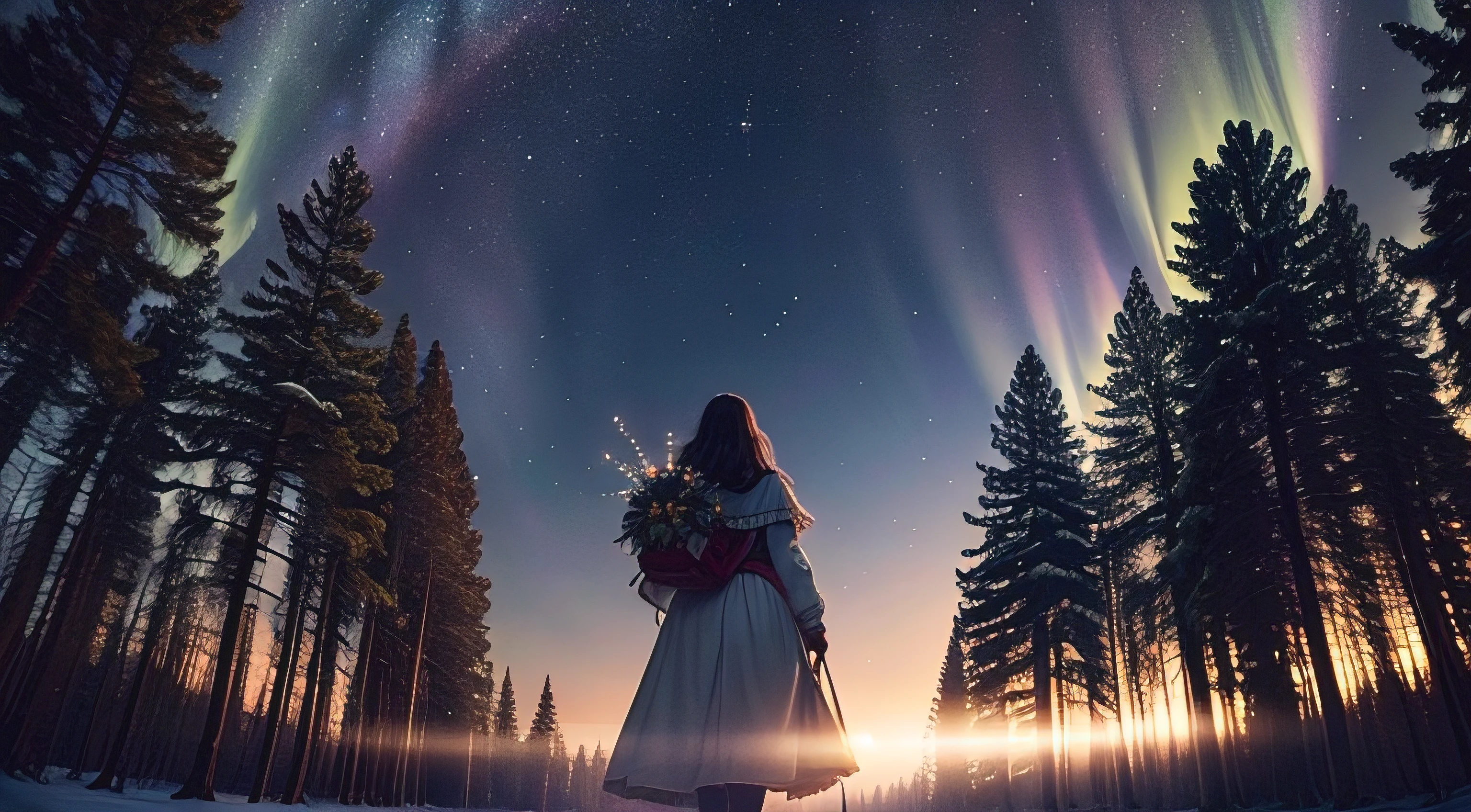 Sophia returning home with the star given by Aurora in her hands. A estrela deve brilhar suavemente, illuminating Sophia's face with a magical glow. She should look at the star with an expression of gratitude and admiration as she walks away from the forest.