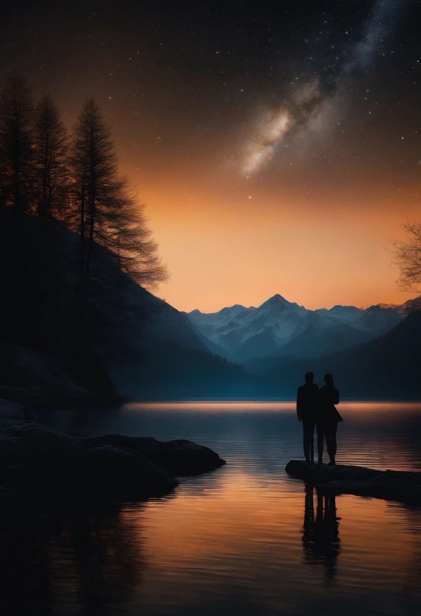 (best quality,4k,highres,ultra-detailed,realistic:1.2),dark starry night (impressionist:1.1) with (surreal, dream-like) backdrop, lake (transparent, mirror-like) with (subtle, gentle) ripples, 2 people (silhouetted) in black (looking, gazing) at the mountain.