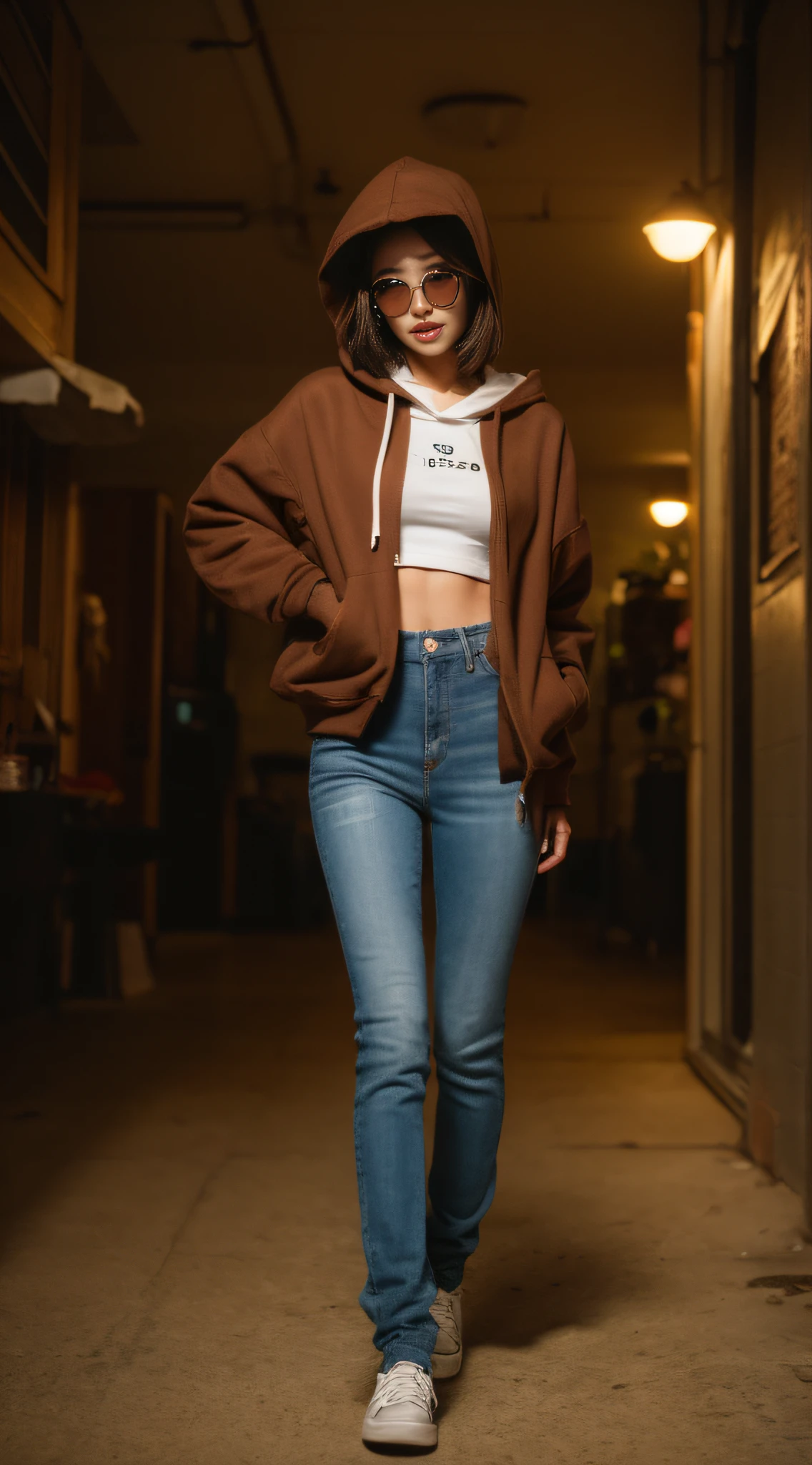 ((Night, Best Quality, 8K, Realistic)), Full Body: 1.4, Slender Abs: 1.2, ((Long dark brown hairstyle, Medium Breasts: 1.2)), (Hoodie, Tight pants jeans, Standing: 1.2, Tone sunglasses), (Indoor, Realistic korea background, Night lights), Highly detailed face and skin texture, detailed eyes, double eyelids, swag, badass, face looking at the camera, top angle camera view, 1 person, (Hood up: 1.2, Hands in pockets)