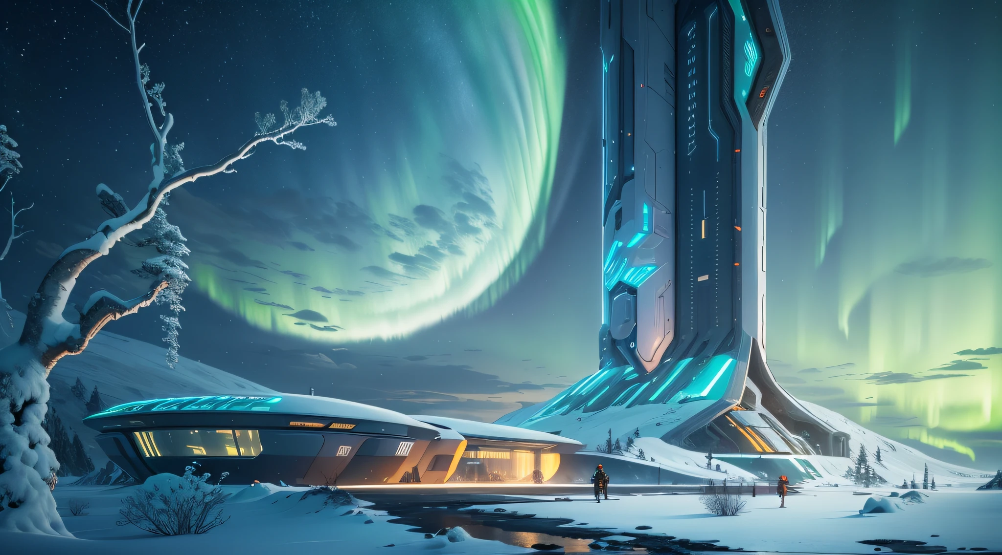 A sci-fi outpost in a Nordic landscape, surrounded by the dazzling aurora borealis, advanced space-age architecture blending with the natural environment, a sense of harmonious coexistence between technology and nature, 3D rendering with a cyberpunk aesthetic