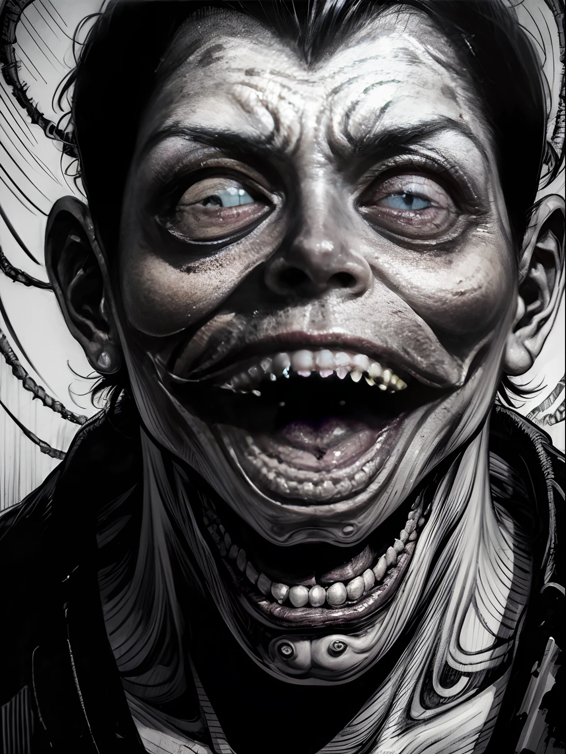 (Junji Ito:1.5), creepy, dark, black and white, detailed (manga line art illustration) of (beautiful girl), scared, horrified, terrified, insane, creepy, unsettling, disturbing, (horror manga style), twisted, warped, psychological horror, grotesque, morbid, surreal, H.R.Giger