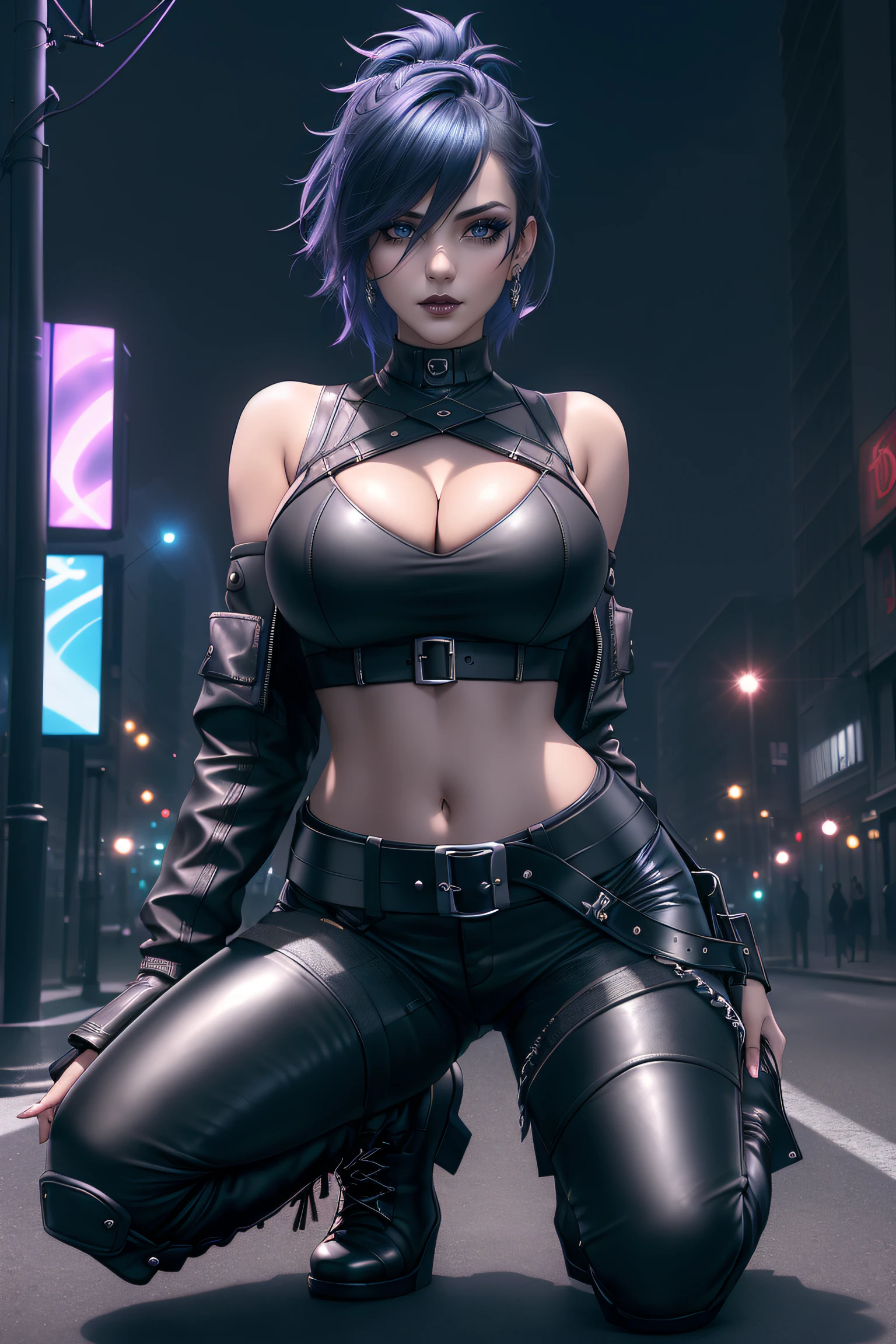 beautiful girl, full body, short bright blue dishevelled hair, black eyeshadow, (street style wear:1.2), ((tight fitted leather pants)), ((knee high leather boots)), (deep cleavage), (extremely dark night-time city background:1.2), dark makeup, digital art, trending on artstation, highly detailed, fine detail, intricate,  beautiful detailed glow, detailed, Cinematic light, high-res, detailed facial features, sharp focus, smooth, aesthetic,