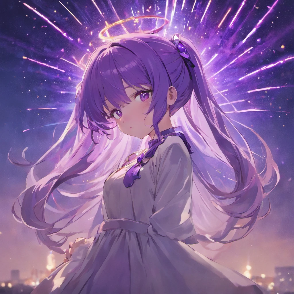 masterpiece、top-quality、Movie stills、女の子1人、Stars in the sky、More than 20 colored stars、Multicolored stars、a closeup、with light glowing、Happiness、Warm and soft lighting、the setting sun、(Spark:0.7)Eyes are purple,purple color hair、Hair color is purple,Long hair,Bun Ponytail,masutepiece, Best Quality, pixiv,blacklight,bluntbangs,portraitures, ornament detached, height 170cm,Purple eyes,Deities々Shishihitomi, Super long hair, doress、doodle, murky, natta, SHINES、 from the rear,Back hug position,cowboy shot,purple color hair,Miraculous body lines,,Hands are not visible with too long sleeves,hands not visible、 BREAK (masutepiece:1.2), The moment the fireworks are launched、Best Quality, High resolution, Hands in pockets、long legged、Menace dress、Unity 8k壁纸,Many stars all over the sky,Starry sky shining in the night sky、Meteor swarm,Stare at me in a slouched position,Dance moments、Lots of shooting stars、Shooting stars in the sky、extremely details CG, (Perfect hands, Perfect Anatomy)