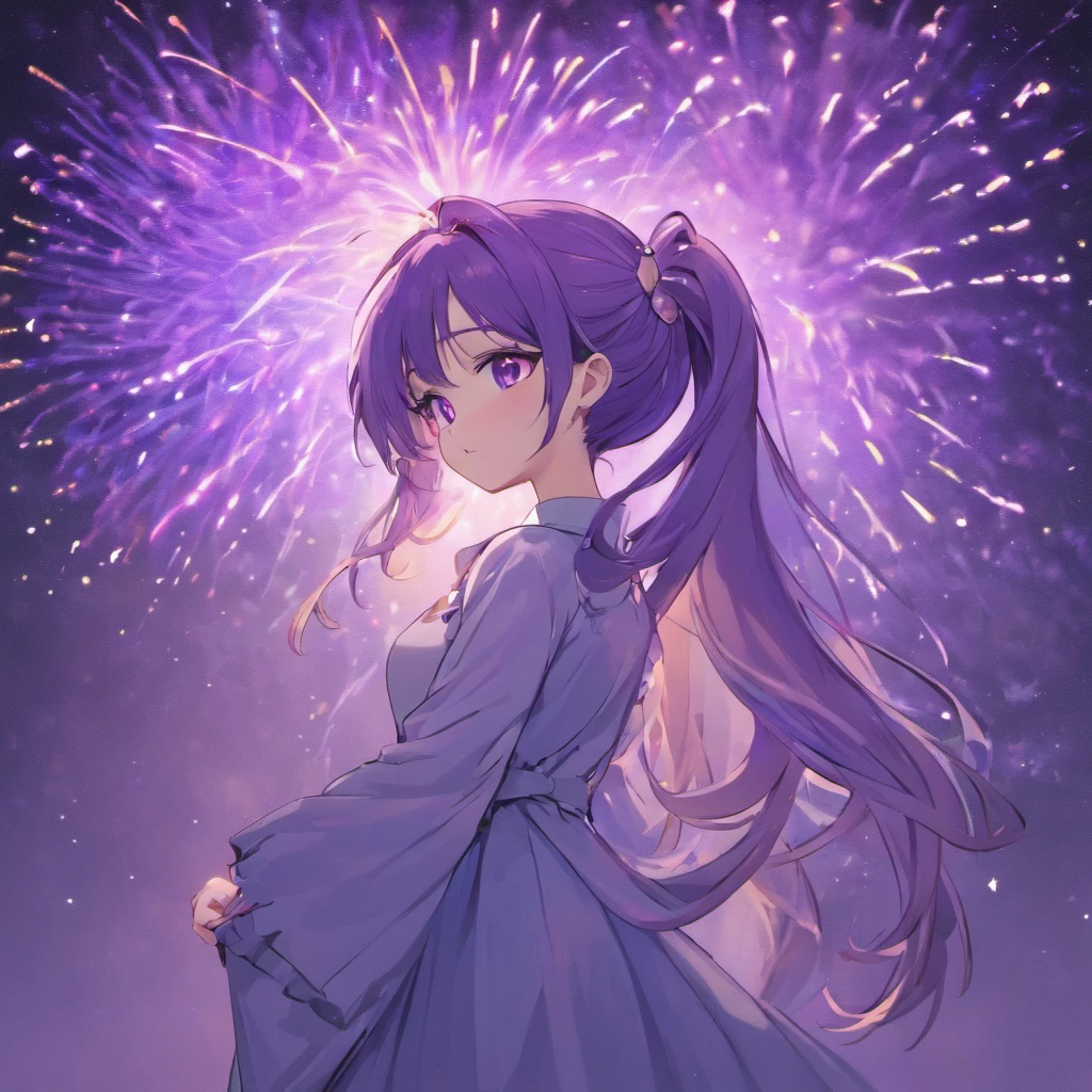 masterpiece、top-quality、Movie stills、女の子1人、Stars in the sky、More than 20 colored stars、Multicolored stars、a closeup、with light glowing、Happiness、Warm and soft lighting、the setting sun、(Spark:0.7)Eyes are purple,purple color hair、Hair color is purple,Long hair,Bun Ponytail,masutepiece, Best Quality, pixiv,blacklight,bluntbangs,portraitures, ornament detached, height 170cm,Purple eyes,Deities々Shishihitomi, Super long hair, doress、doodle, murky, natta, SHINES、 from the rear,Back hug position,cowboy shot,purple color hair,Miraculous body lines,,Hands are not visible with too long sleeves,hands not visible、 BREAK (masutepiece:1.2), The moment the fireworks are launched、Best Quality, High resolution, Hands in pockets、long legged、Menace dress、Unity 8k壁纸,Many stars all over the sky,Starry sky shining in the night sky、Meteor swarm,Stare at me in a slouched position,Dance moments、Lots of shooting stars、Shooting stars in the sky、extremely details CG, (Perfect hands, Perfect Anatomy)