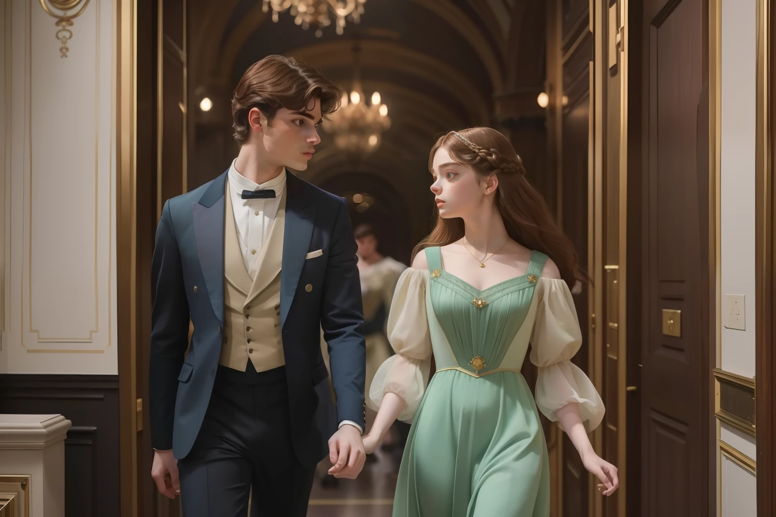 year: 2023. Location: London. Pre-Raphaelite scene with a 20-year-old Matthew Daddario with Kristine Froseth, at the opera, looking away, ((((Clothing from the 2020s)))) ((Hairstyle of the 2020s)), pastel colors, (((cinematic style)))