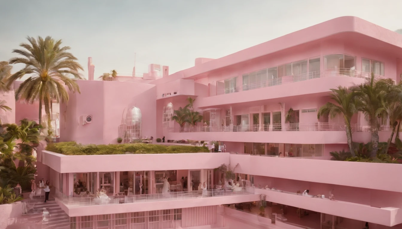8k video clip of a 1960s science fiction film by Wes Anderson, Vogue anos 1960, pink pastel colors, Cafe, Restaurant old futuristuc city Neon ligts, skyscrapers, full streat with people. palm trees, mansion, doll house style and old ornaments with mechanical pets in town, Luz Natural, Psicodelia, futurista estranho, fotorrealista, hiper detalhado, foco nítido, Intrinsic, Fuji filmes 55mm,