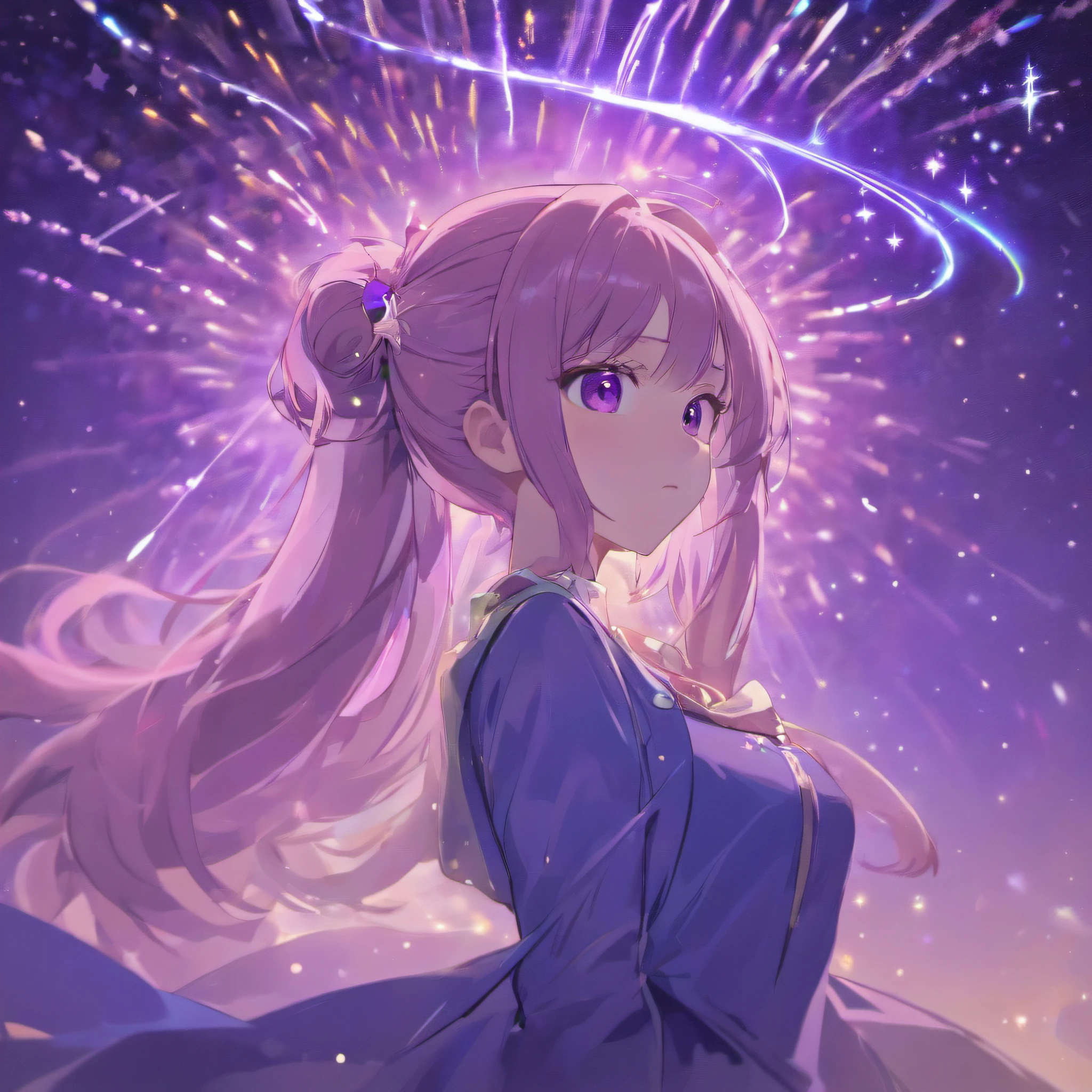 masterpiece、top-quality、Movie stills、女の子1人、Stars in the sky、More than 20 colored stars、Multicolored stars、a closeup、with light glowing、Happiness、Warm and soft lighting、the setting sun、(Spark:0.7)Eyes are purple,purple color hair、Hair color is purple,Long hair,Bun Ponytail,masutepiece, Best Quality, pixiv,blacklight,bluntbangs,portraitures, ornament detached, height 170cm,Purple eyes,Deities々Shishihitomi, Super long hair, doress、doodle, murky, natta, SHINES、 from the rear,Back hug position,cowboy shot,purple color hair,Miraculous body lines,,Hands are not visible with too long sleeves,hands not visible、 BREAK (masutepiece:1.2), The moment the fireworks are launched、Best Quality, High resolution, Hands in pockets、long legged、Menace dress、Unity 8k壁纸,Many stars all over the sky,Starry sky shining in the night sky、Meteor swarm,Stare at me in a slouched position,Dance moments、Lots of shooting stars、Shooting stars in the sky、extremely details CG, (Perfect hands, Perfect Anatomy)