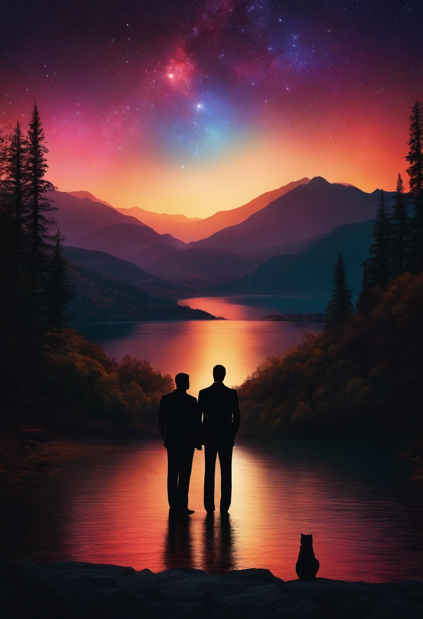 (best quality, highres, realistic, vivid colors),dark, starry night, scenic backdrop, lake, two men in black standing, looking at the mountain