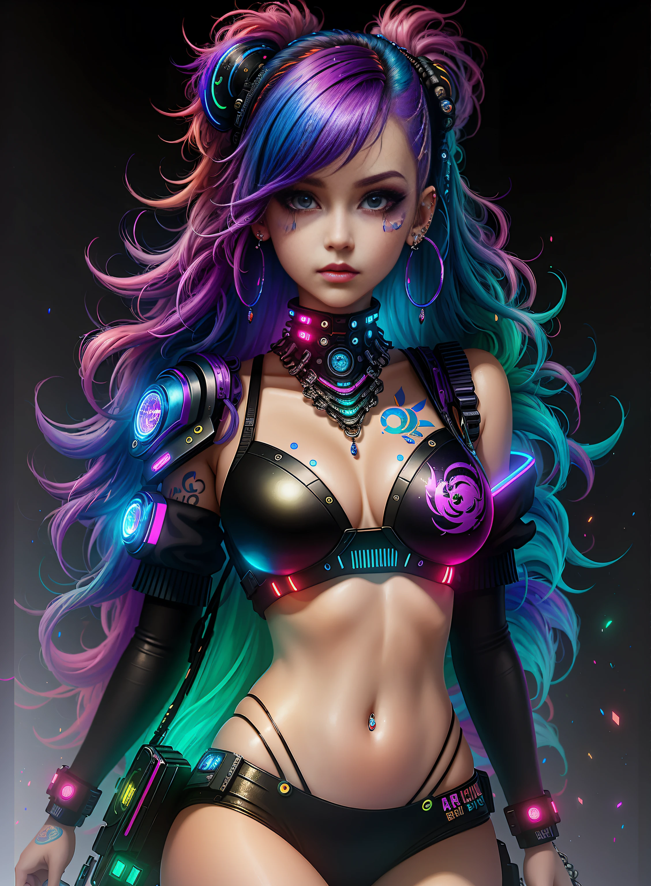 ((best quality)), ((masterpiece)), ((realistic)), (detailed), (1 girl) full body woman with colorful hair and piercings, dreamy cyberpunk girl, 4K high-detail digital art, stunning digital illustration, stunning 8K artwork, colorful digital fantasy art, colorful and dark, beautiful digital artwork, colorful digital painting, cyberpunk digital anime art, portrait of a girl with luminous wave, 8K HD digital wallpaper art, gorgeous digital painting