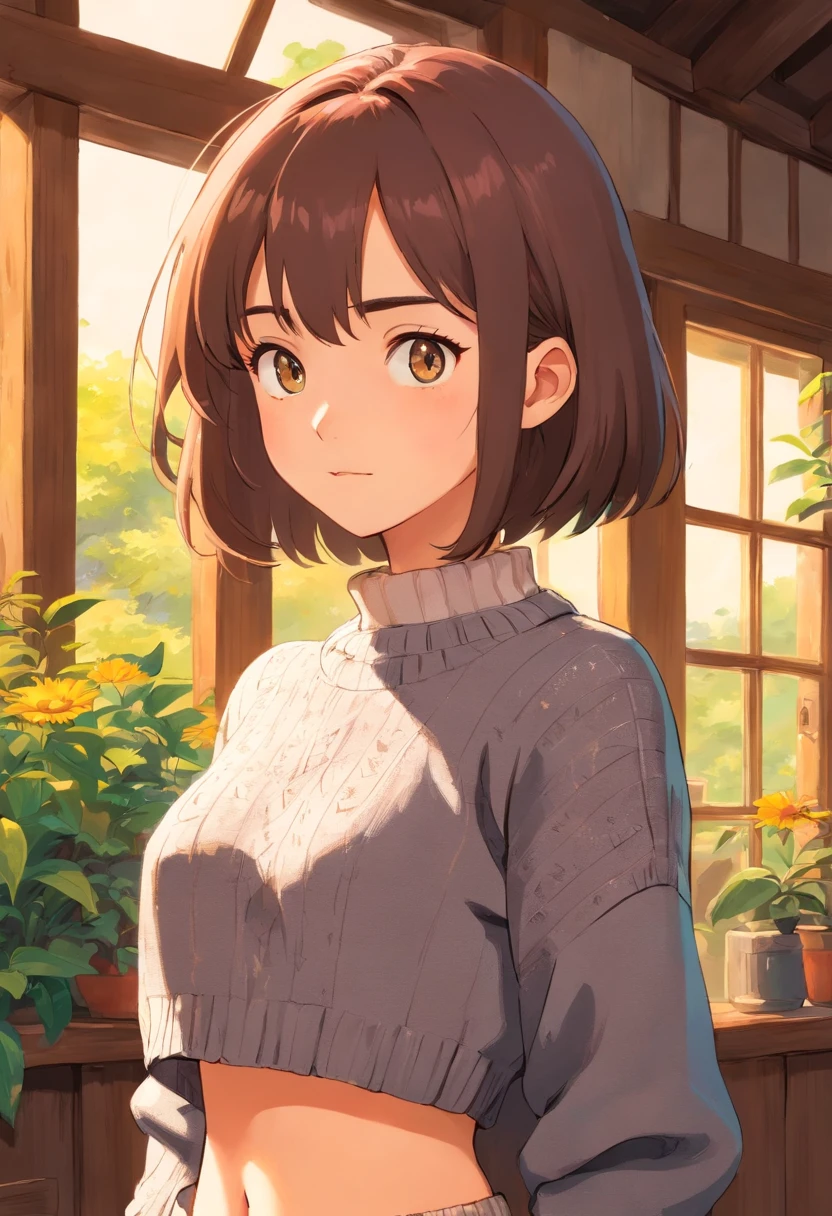 Girl wearing a cropped sweater with her midriff exposed
