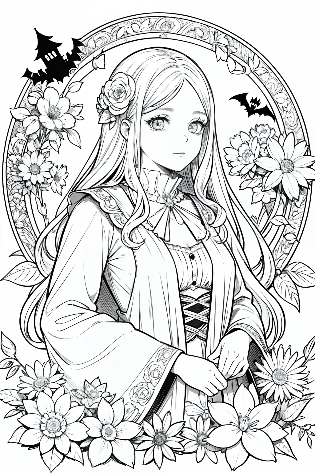 obra maestra, superlativo, Hermosa joven bruja, hembra , solamente, Halloween bonito , flower line drawing background, fondo blanco, monocromatic, Dibujo lineal, ((bosquejo)), asustadizo, Gato blanco con ojos blancos, ojos blancos