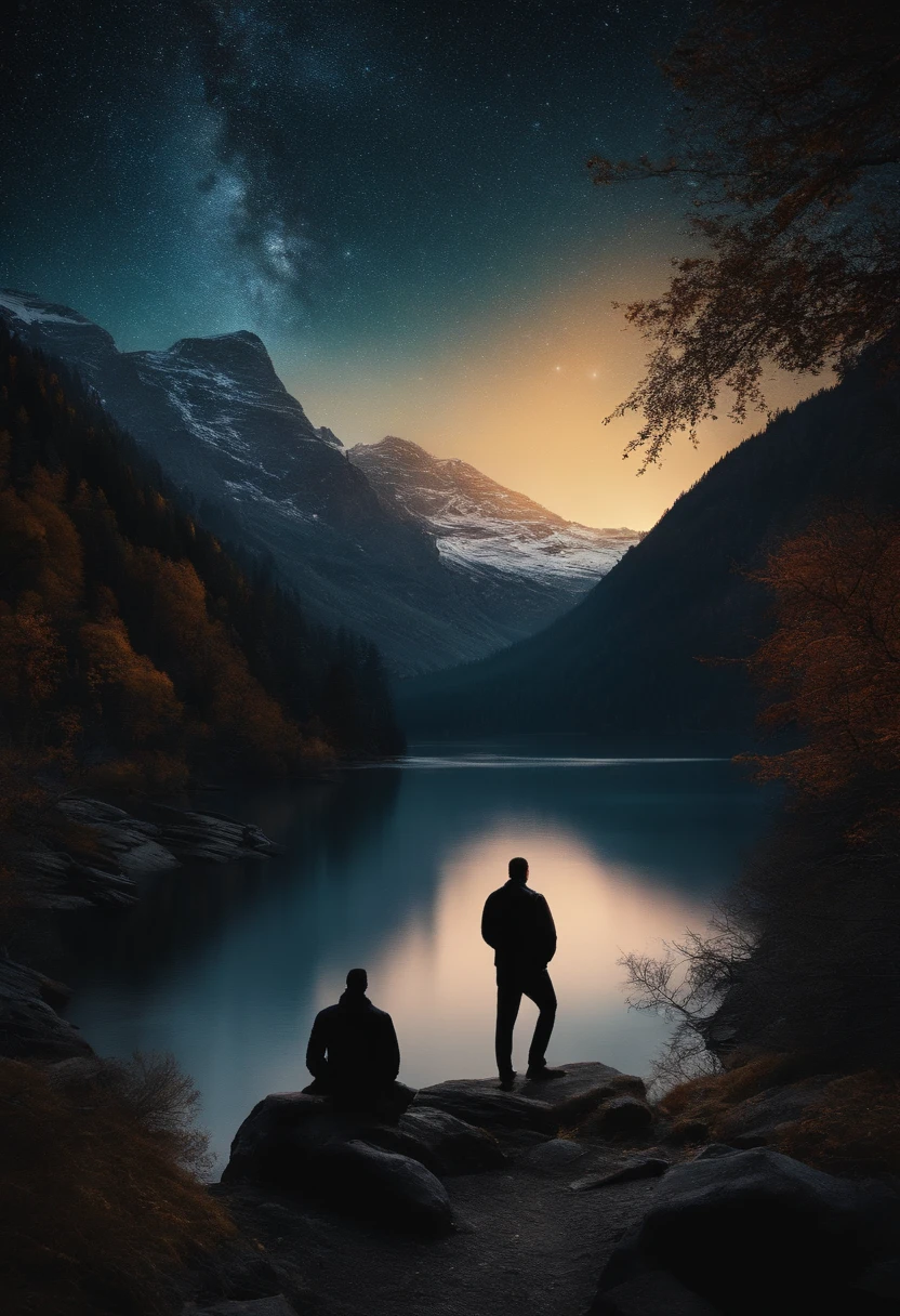 (Best quality, high resolucion, Realstic, Couleurs sombre),Sombre, starry night, Toile de fond pittoresque, lac, Deux hommes en noir debout, Regarder la montagne