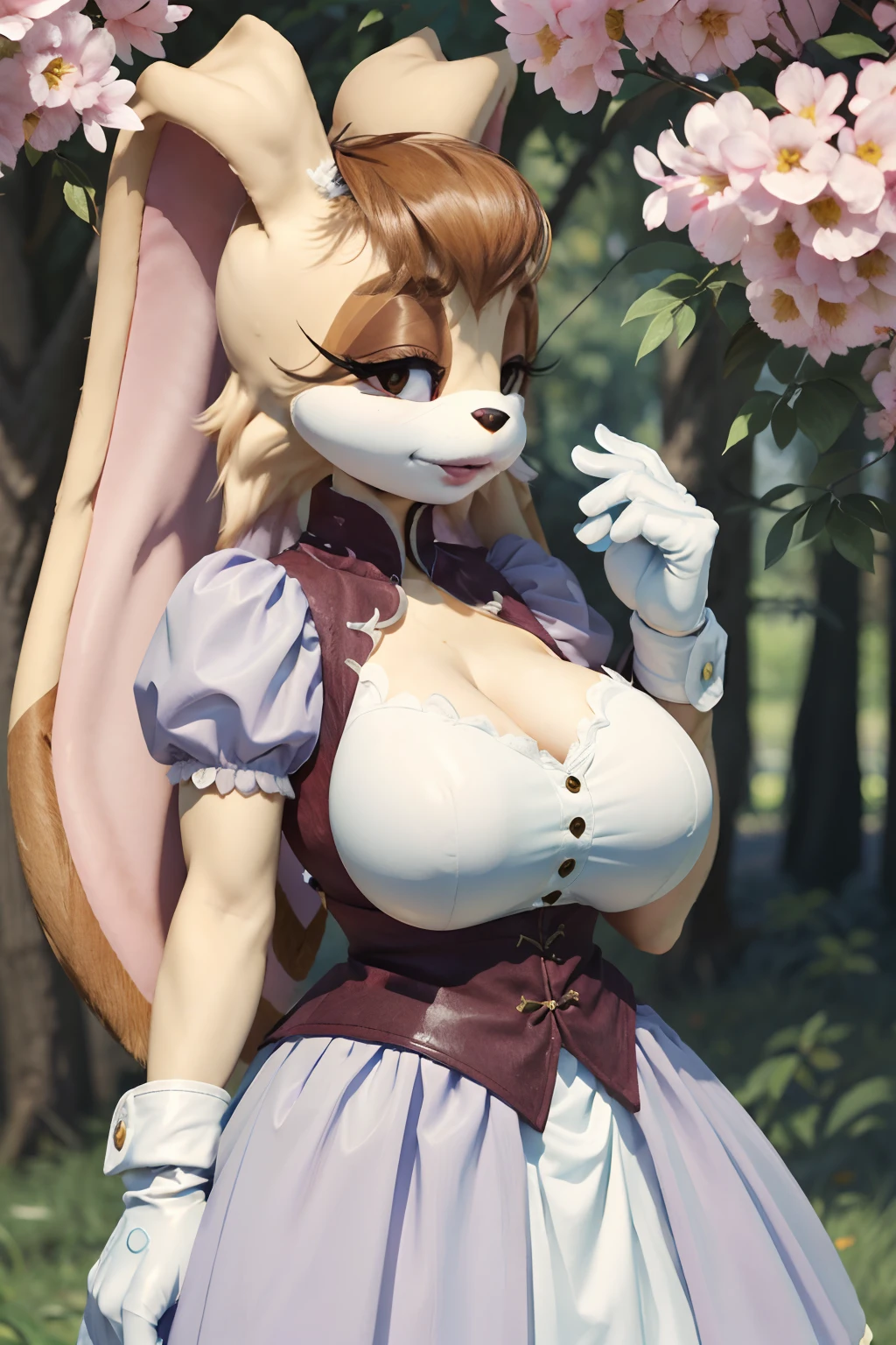 best quality, masterpiece, solo, 1girl,  ((vanillatherabbit)), (animal nose), puffy sleeves, skirt, vest, gloves, looking at viewer, furry female, furry, huge breasts