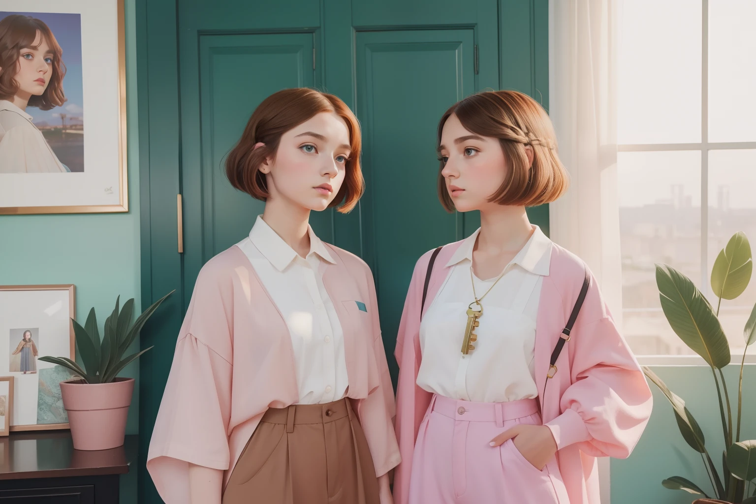 year: 2023. Location: Phoenix. Pre-Raphaelite scene with a 17-year-old Emma Myers, twin sisters, with a wavy bob haircut, colorful clothes, ((holding a key)), in a masculine home office, snooping around, looking away, ((((casual Clothing from the 2020s)))) ((Hairstyle of the 2020s)), pastel colors, (((cinematic style)))