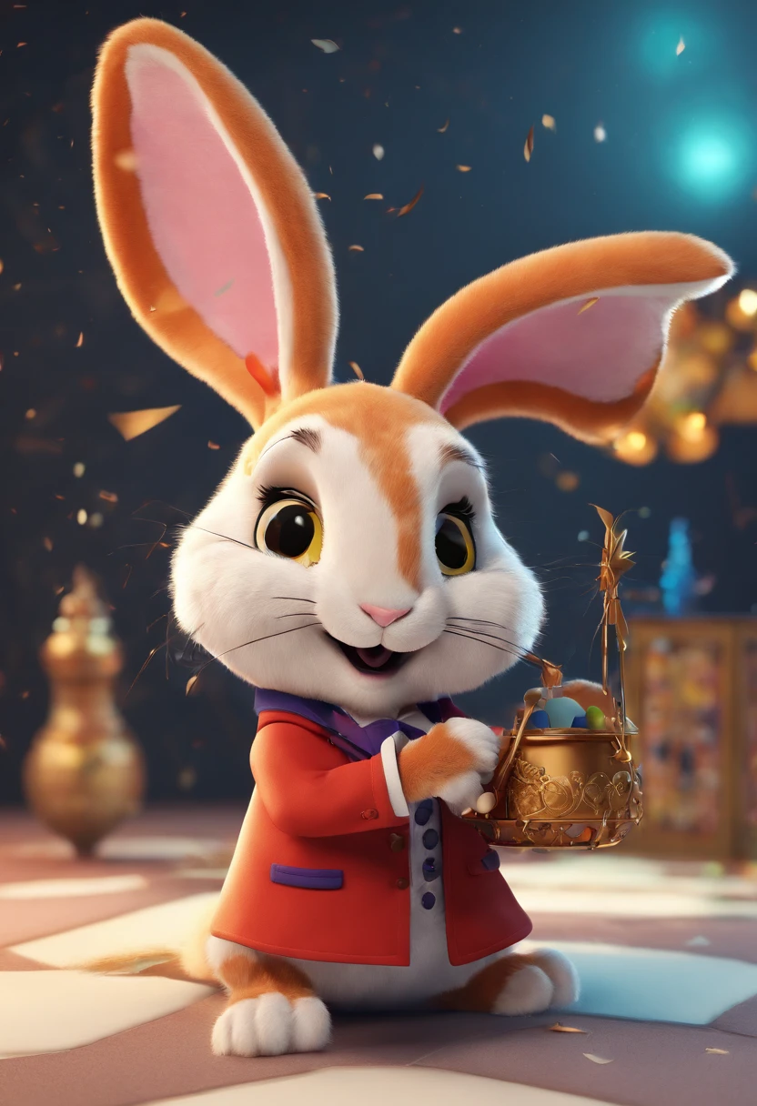 Rabbit dressed as a magician. And he carries a wand. .obvious . 8k . full portrait. The rabbit's appearance completely. Detail of the full image.Full image of the rabbit