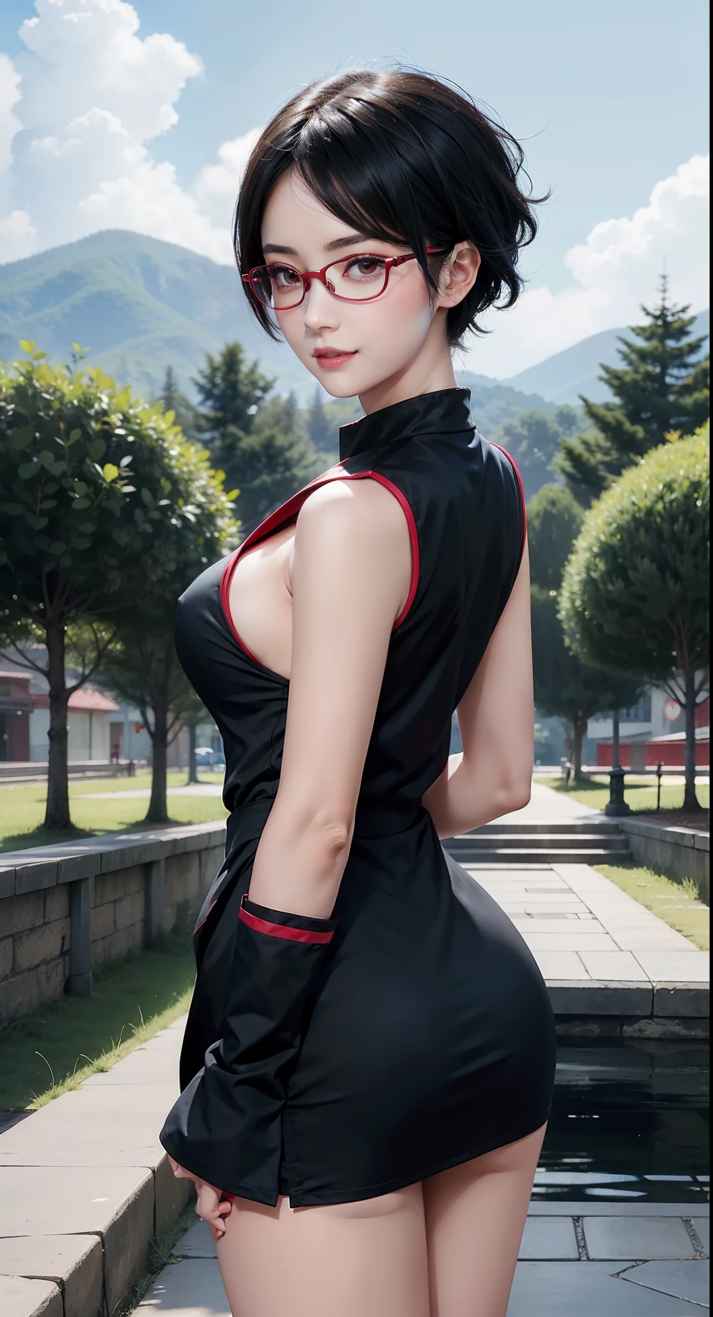 1girl, uchiha sarada in anime boruto, short hair, black hair, red eyes, smile, beautiful, sexy dress, sexy clothes, red clothes, wear red glasses, very big breast, realistic clothes, detail clothes, outdoor background, ultra detail, realistic