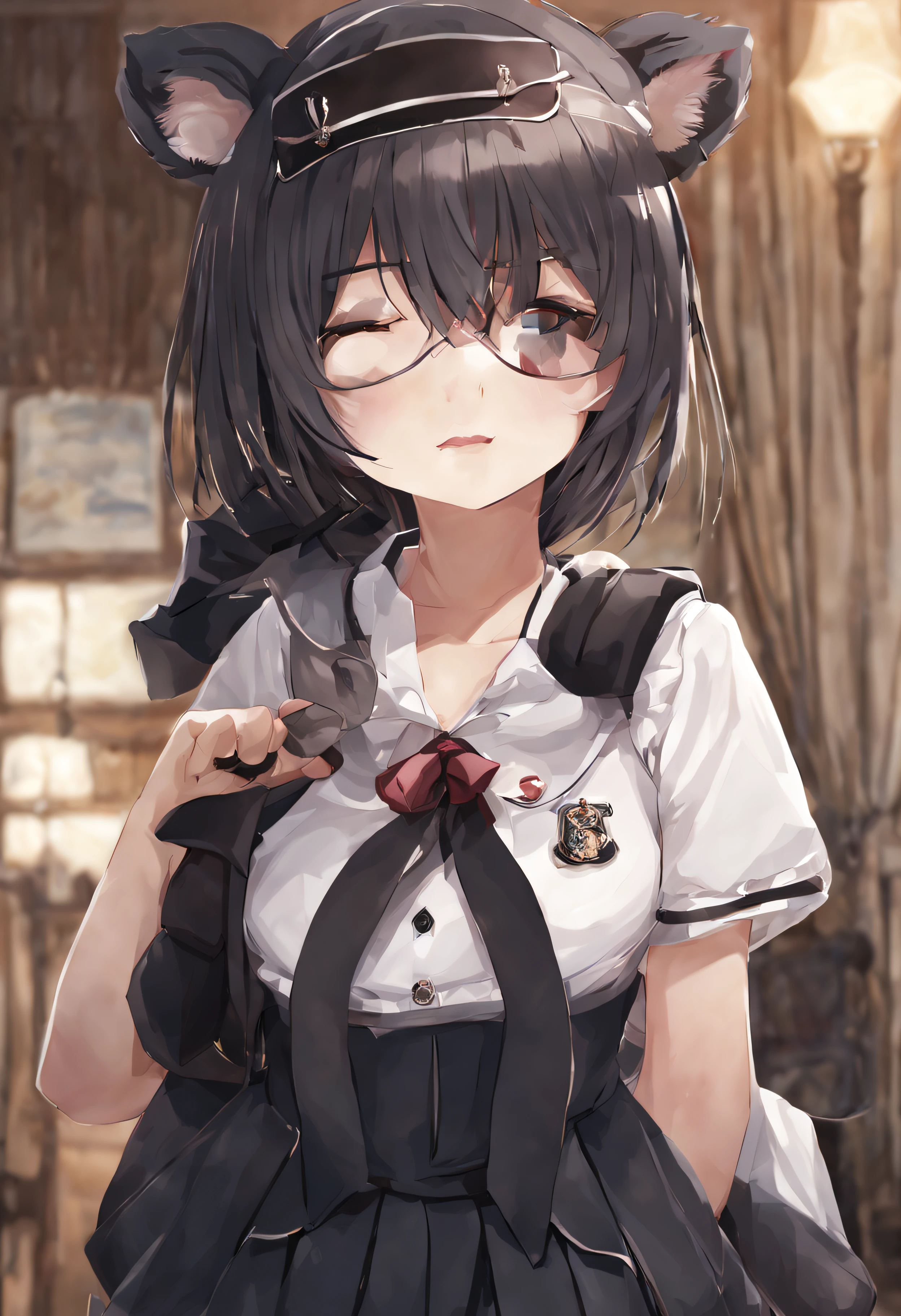 Best Quality, masutepiece, High resolution, 1girl in,Black bear ears、Blackberry Shorthair、Blindfold、Black School Uniforms