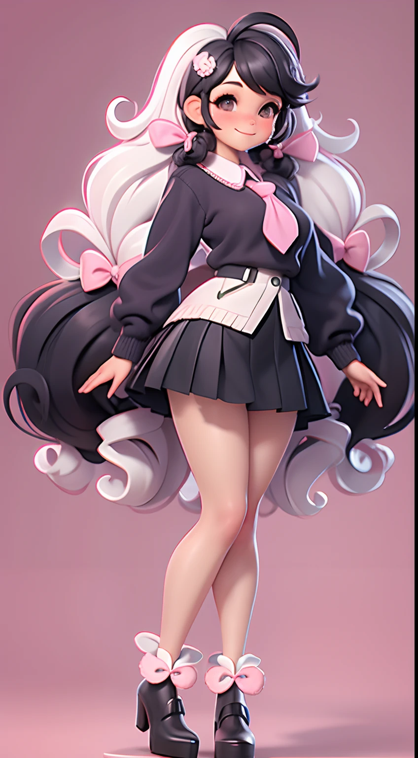 masterpiece, best quality, a schoolgirl, necktie, pink necktie, shirt, twintails, pink skirt, hair ornament, long curly hair, smile, jumper skirt, white sleeves, black hair, white shirt, ribbon hair ornament, star hair ornament, solid oval eyes, very long curly hair, standing, black schoolgirl footwear, blush, jumper miniskirt,dance,