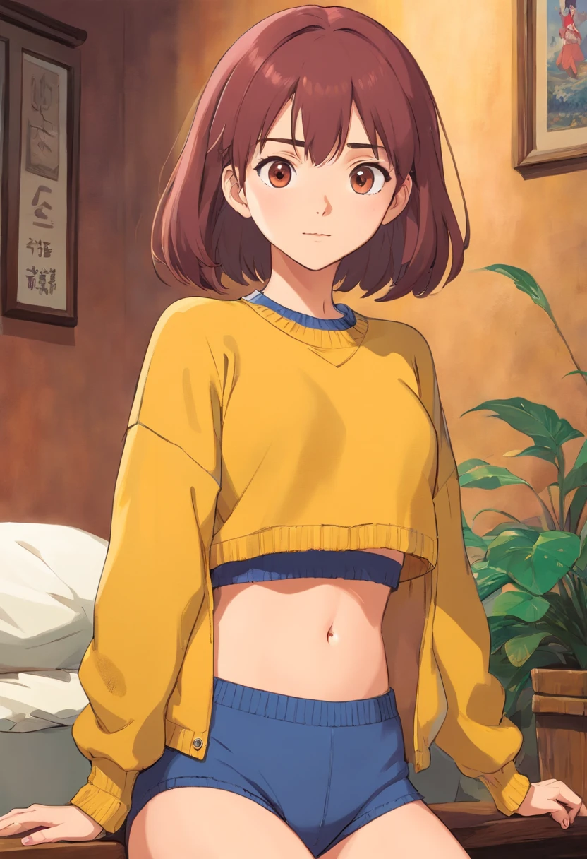 Girl wearing a cropped sweater with her midriff exposed and underwear, shirtless, no shirt, no bra, topless